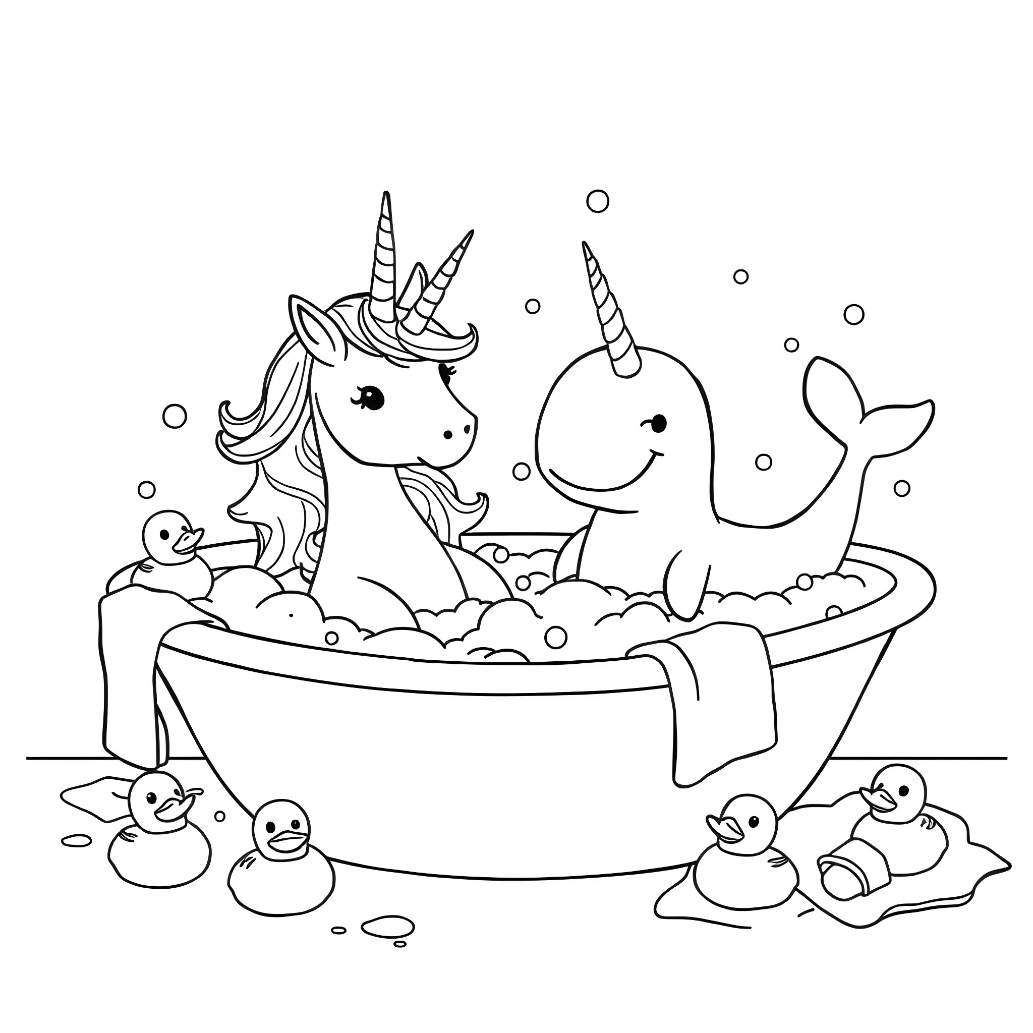 Unicorn and narwhal relaxing in a bubble bath Coloring Page (free black-and-white line drawing printable PDF for all, from beginners to advanced learners, including children, teens, adults, and seniors)