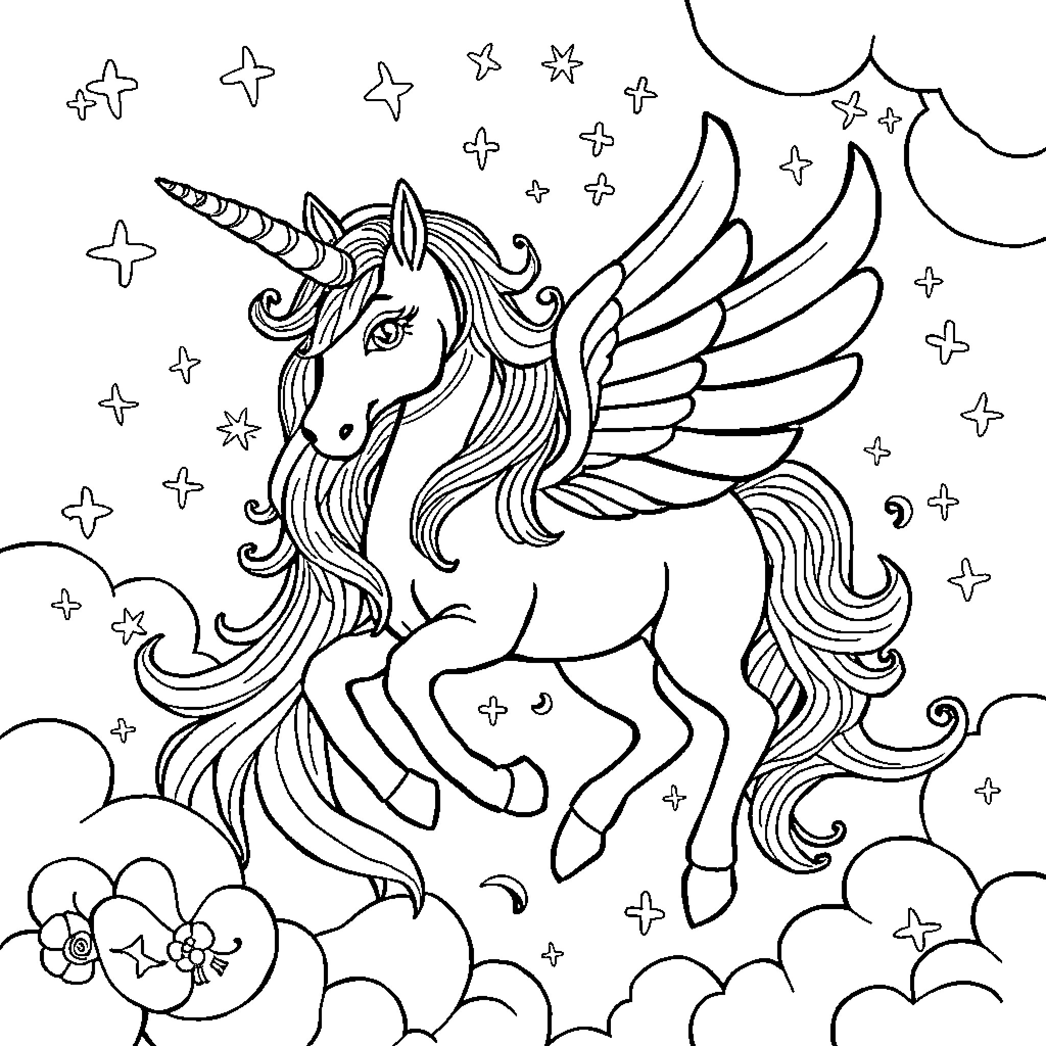Unicorn Soaring Through Starry Night Sky Coloring Page (free black-and-white line drawing printable PDF for all, from beginners to advanced learners, including children, teens, adults, and seniors)