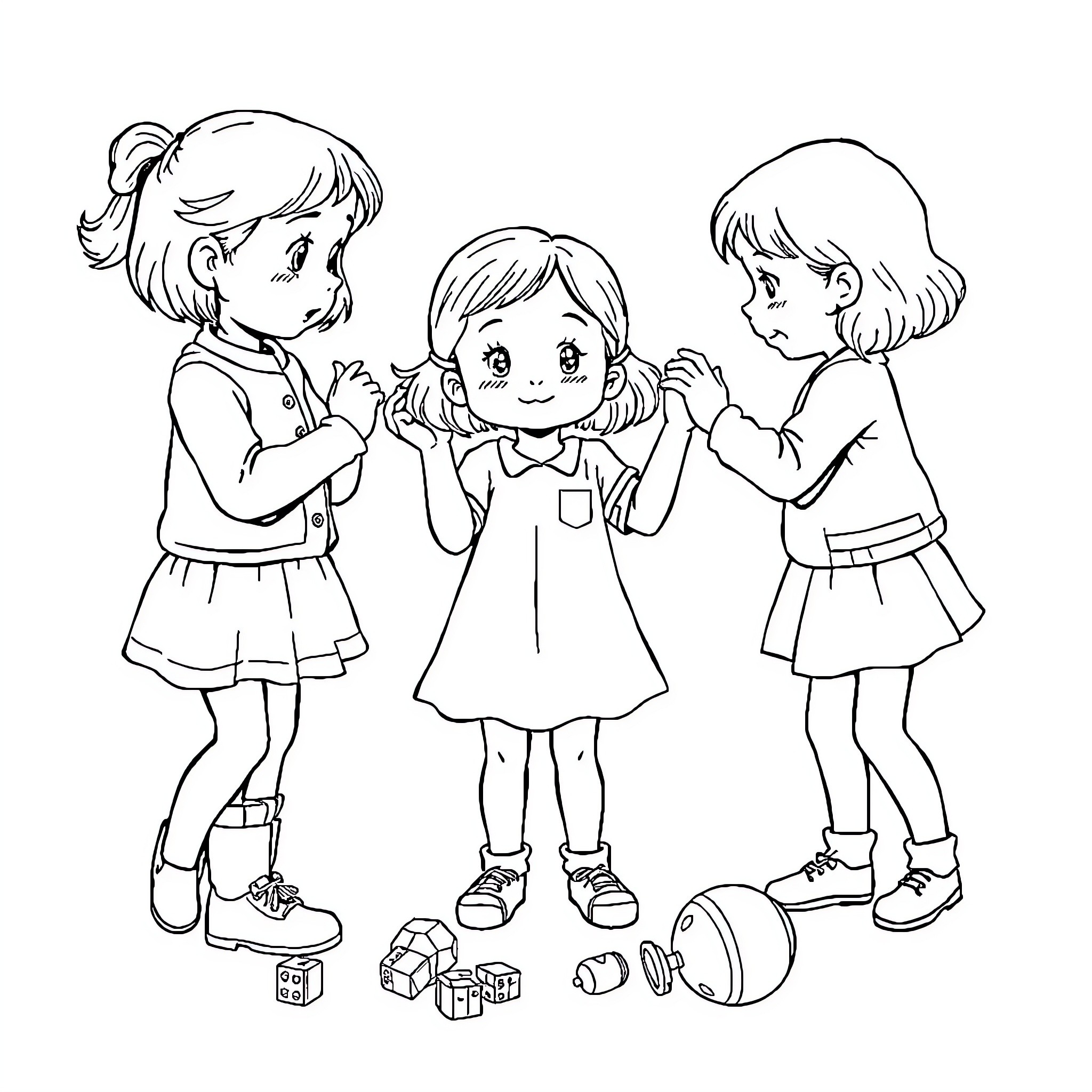 Enfant Friends Playing with Toys Together Coloring Page (free black-and-white line drawing printable PDF for all, from beginners to advanced learners, including children, teens, adults, and seniors)