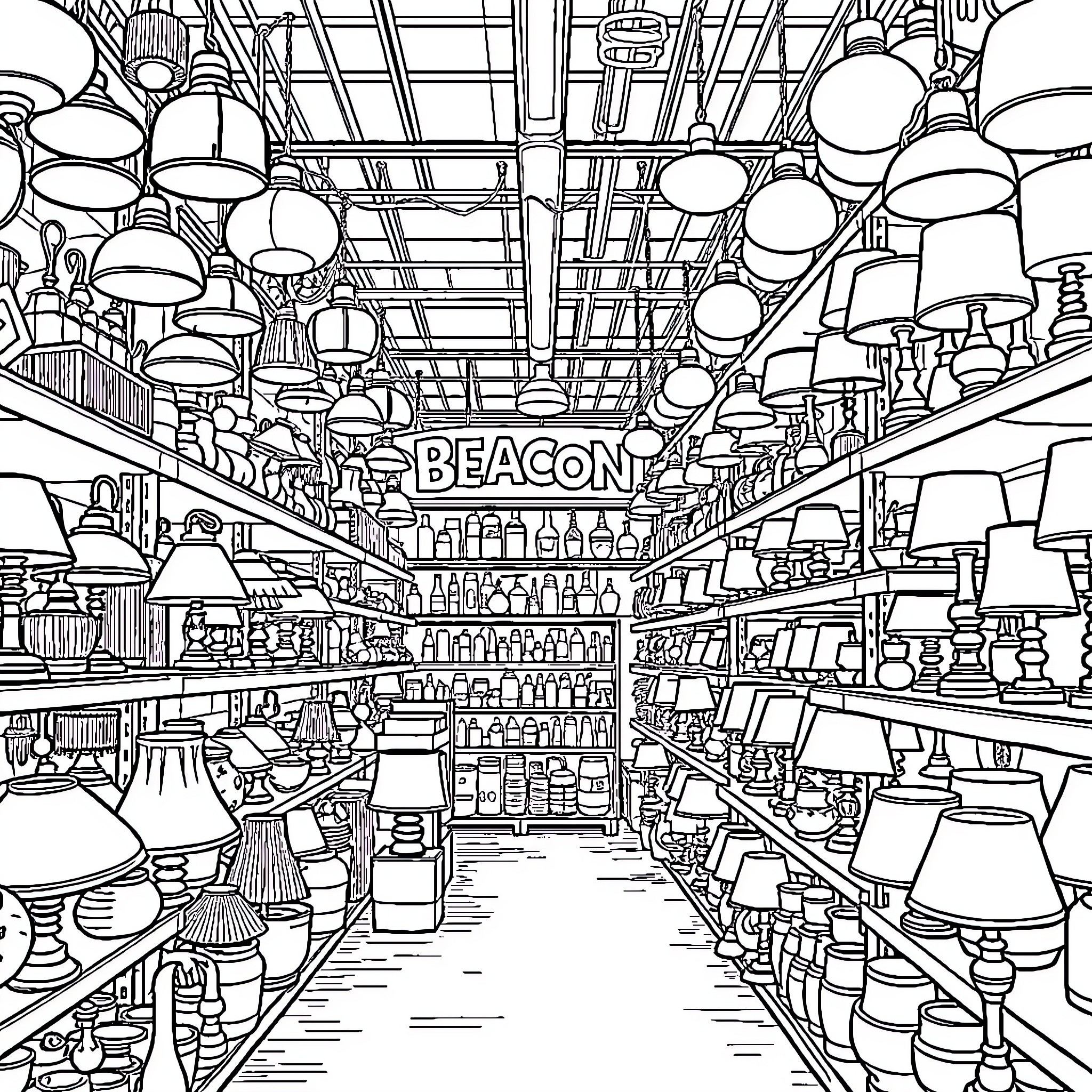 Beacon: Illuminating Variety in a Retail Haven Coloring Page (free black-and-white line drawing printable PDF for all, from beginners to advanced learners, including children, teens, adults, and seniors)