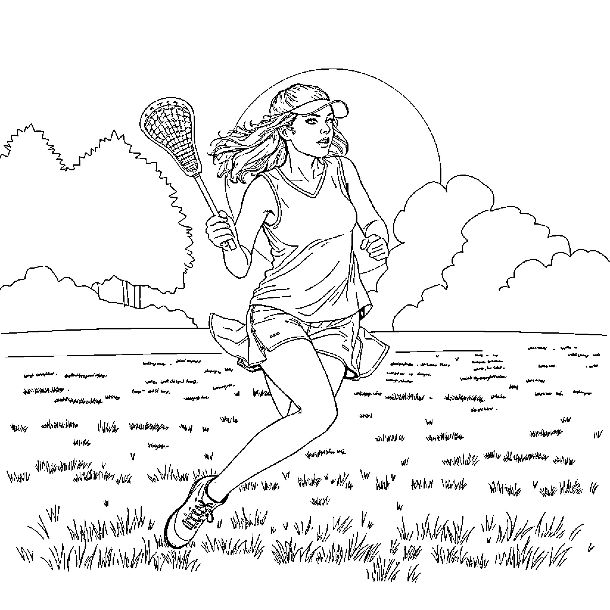 Taylor Swift playing lacrosse in the countryside Coloring Page (free black-and-white line drawing printable PDF for all, from beginners to advanced learners, including children, teens, adults, and seniors)