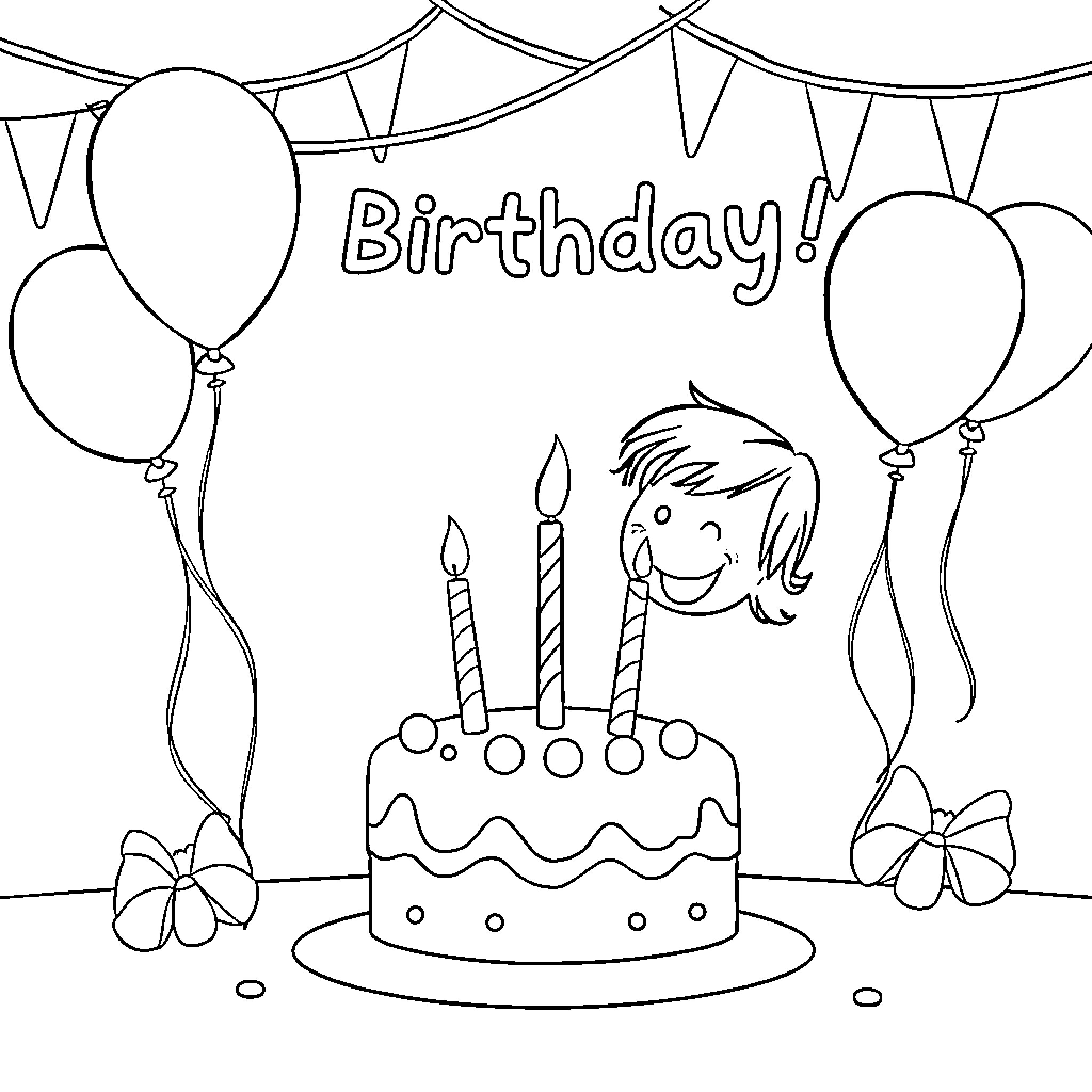 Birthday party with cake and balloons Coloring Page (free black-and-white line drawing printable PDF for all, from beginners to advanced learners, including children, teens, adults, and seniors)