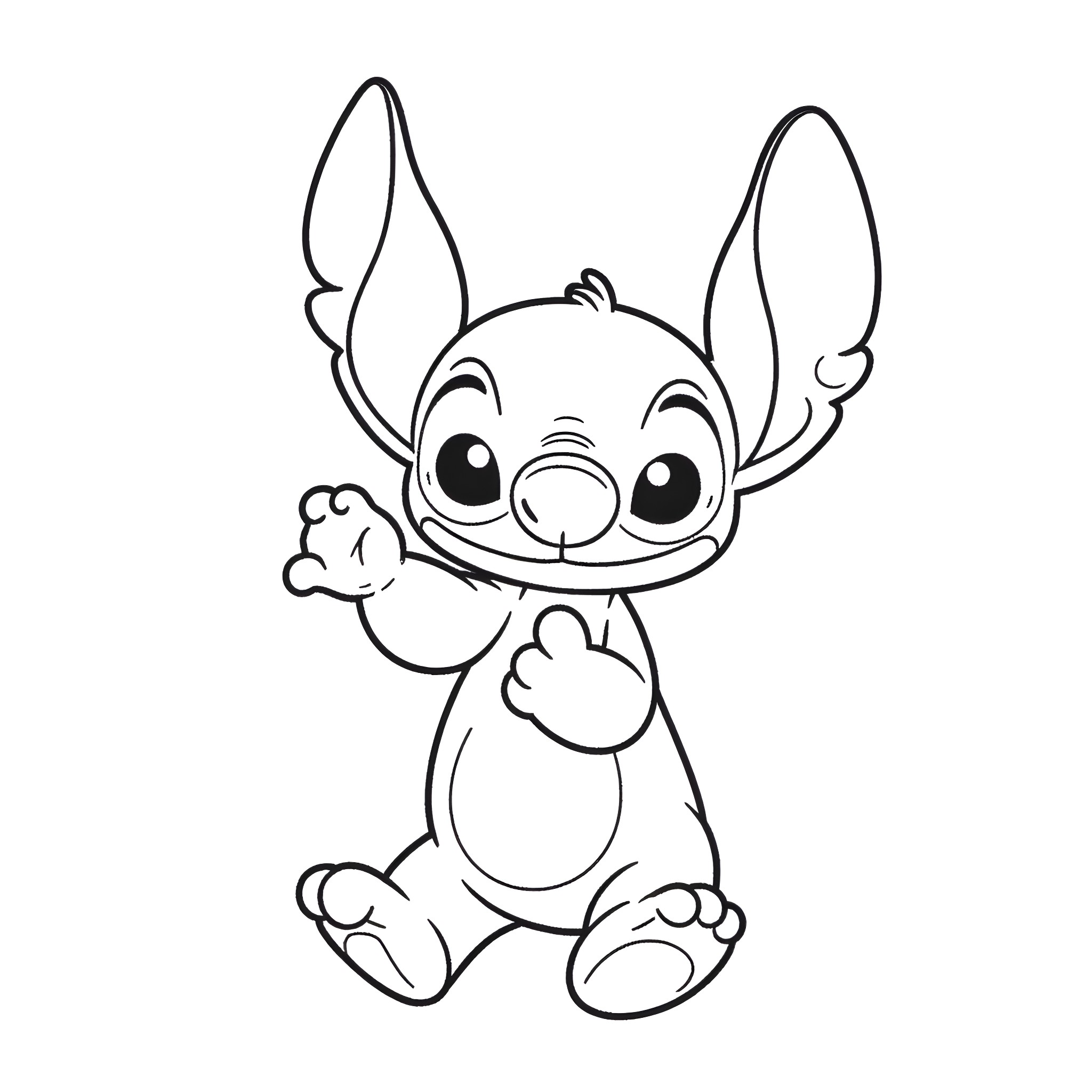 Stitch waving excitedly in a simple outline style Coloring Page (free black-and-white line drawing printable PDF for all, from beginners to advanced learners, including children, teens, adults, and seniors)