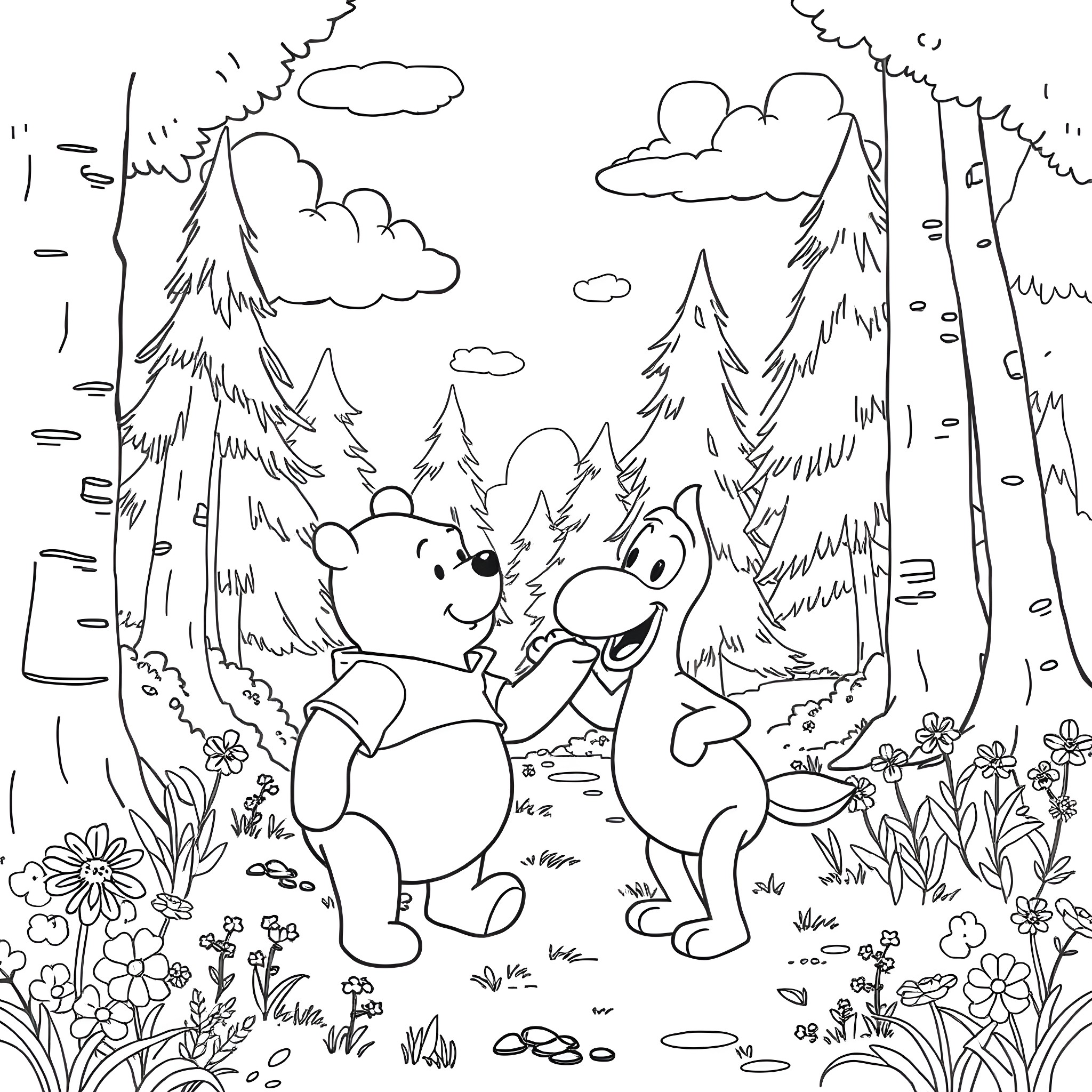 Winnie The Pooh and Piglet exploring the forest Coloring Page (free black-and-white line drawing printable PDF for all, from beginners to advanced learners, including children, teens, adults, and seniors)