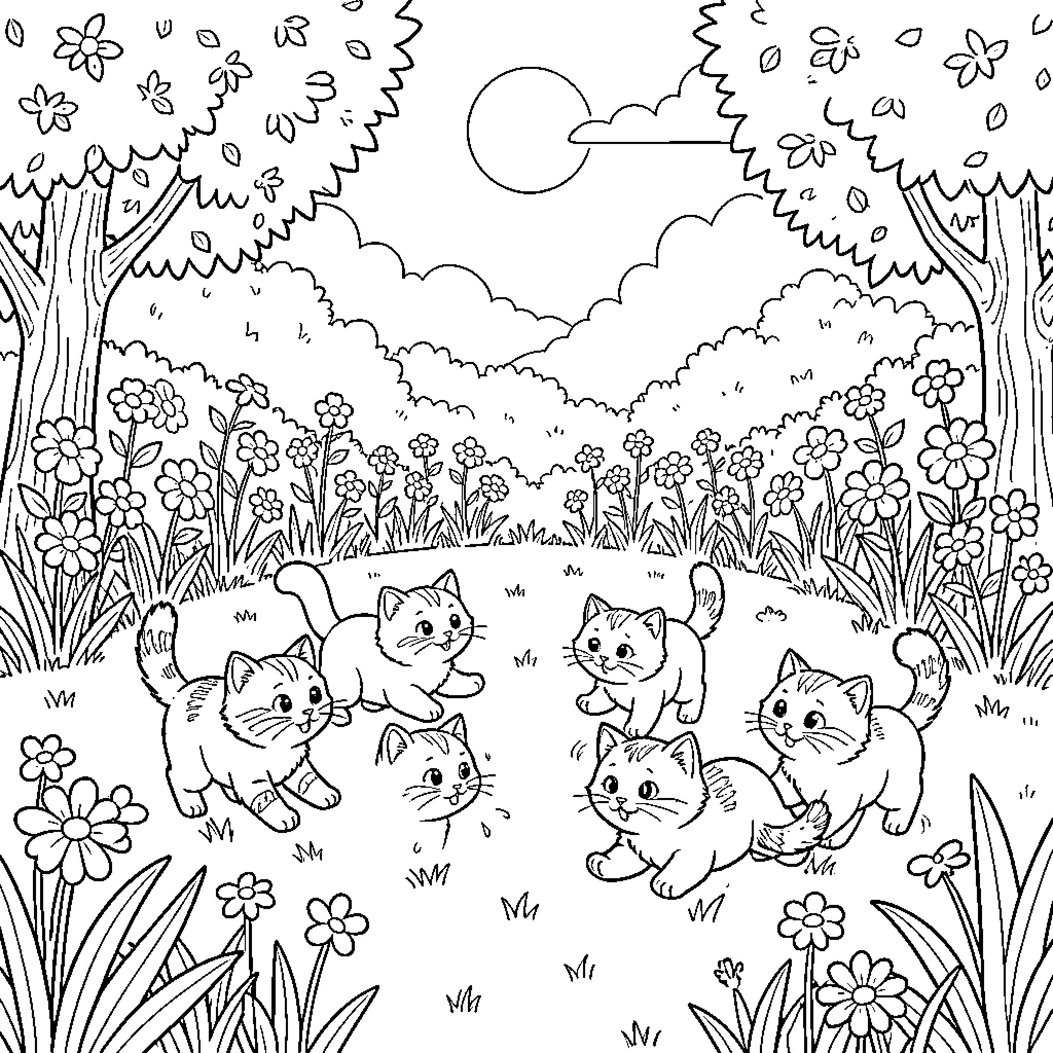 Cats Frolicking in a Flower-Filled Meadow Coloring Page (free black-and-white line drawing printable PDF for all, from beginners to advanced learners, including children, teens, adults, and seniors)