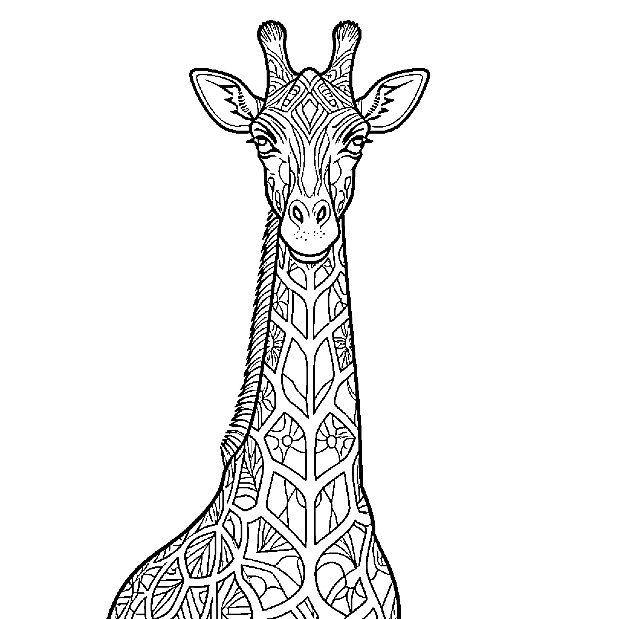 Giraffe with intricate patterns on its body Coloring Page (free black-and-white line drawing printable PDF for all, from beginners to advanced learners, including children, teens, adults, and seniors)