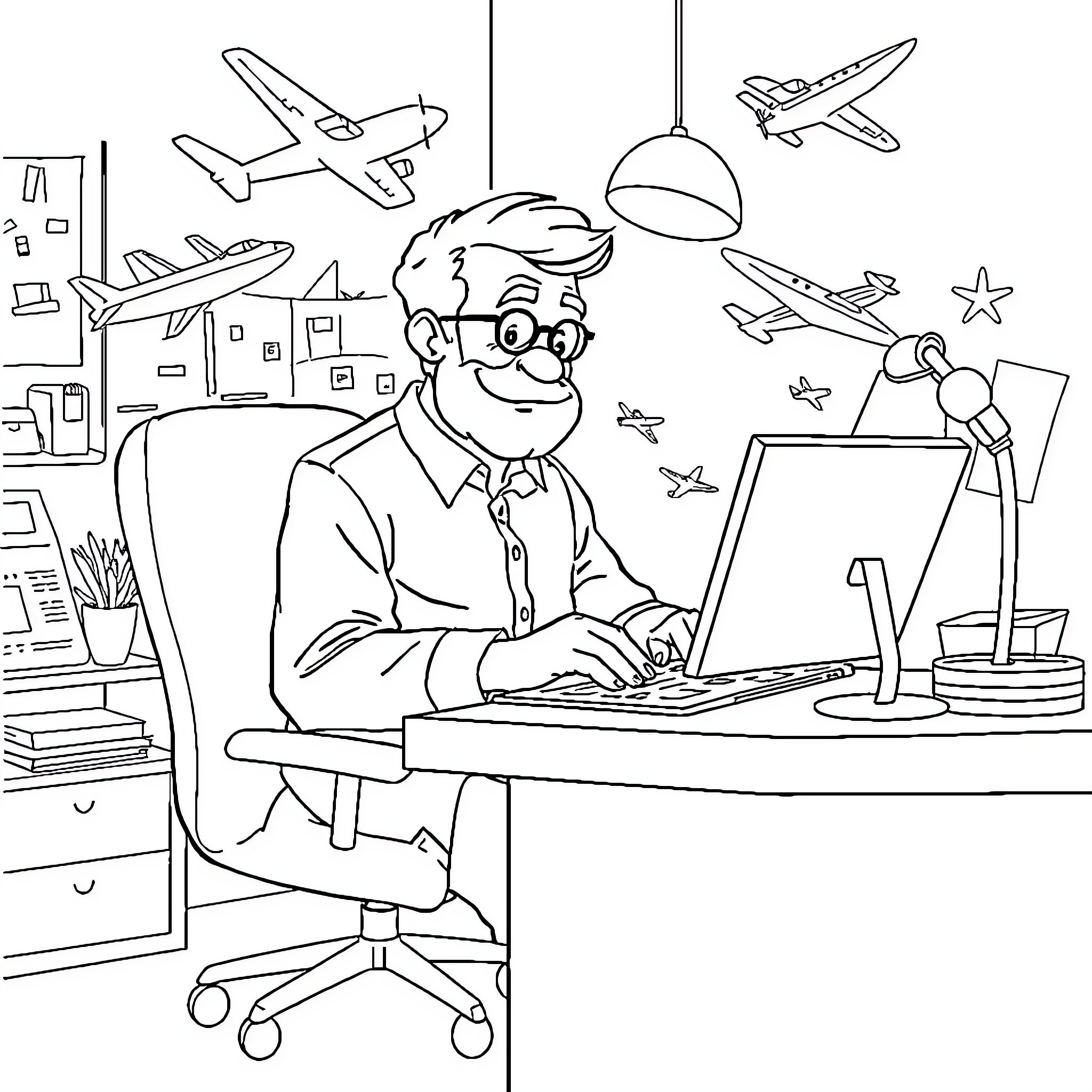 Papa's Busy Day at the Aviation Desk Coloring Page (free black-and-white line drawing printable PDF for all, from beginners to advanced learners, including children, teens, adults, and seniors)