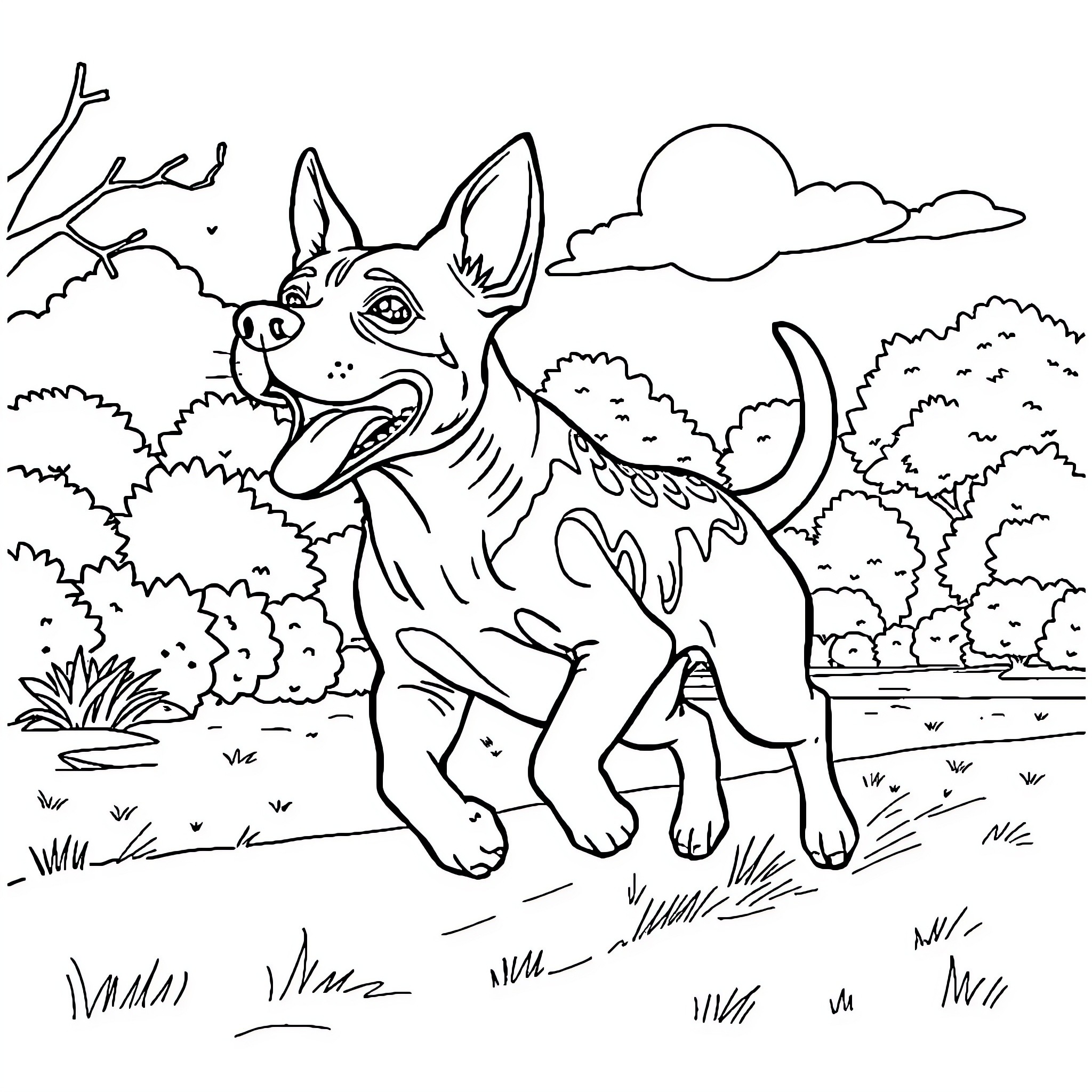 Skull-shaped dog happily exploring the outdoors Coloring Page (free black-and-white line drawing printable PDF for all, from beginners to advanced learners, including children, teens, adults, and seniors)
