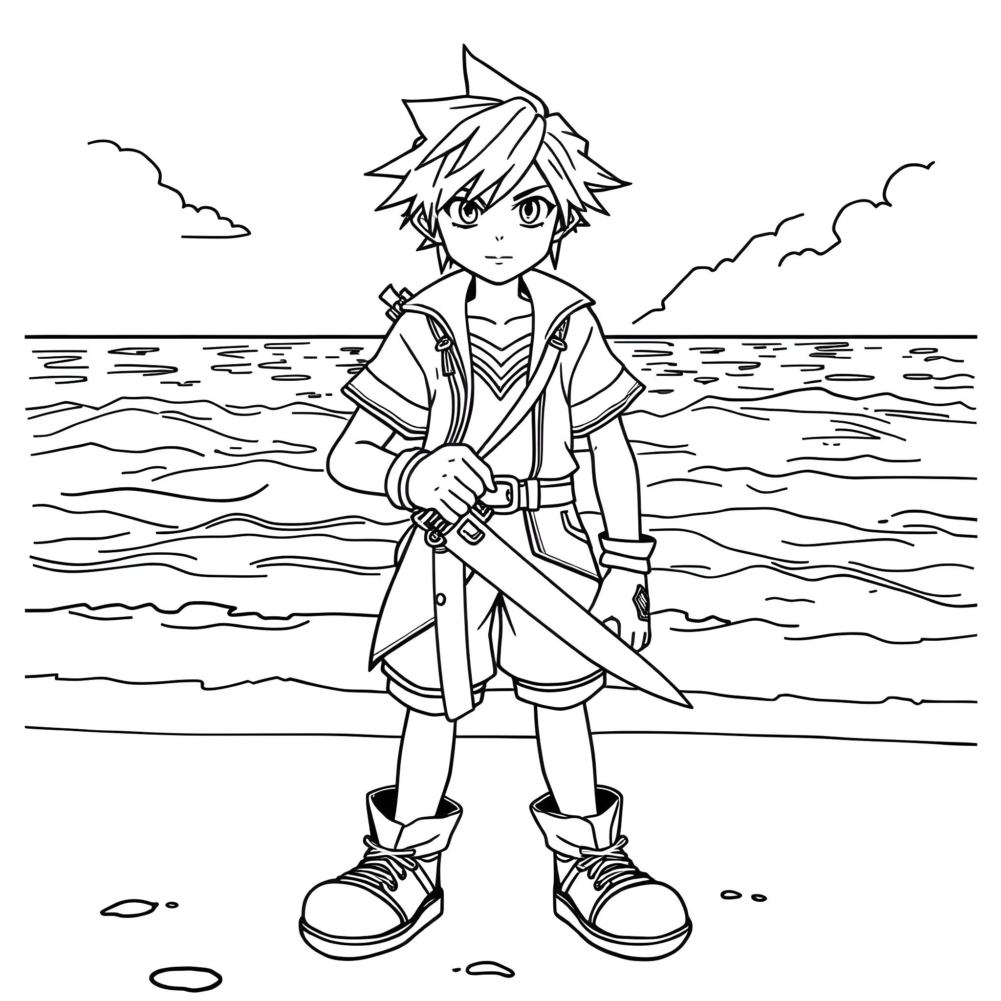 Sora the adventurous swordsman at the seaside Coloring Page (free black-and-white line drawing printable PDF for all, from beginners to advanced learners, including children, teens, adults, and seniors)