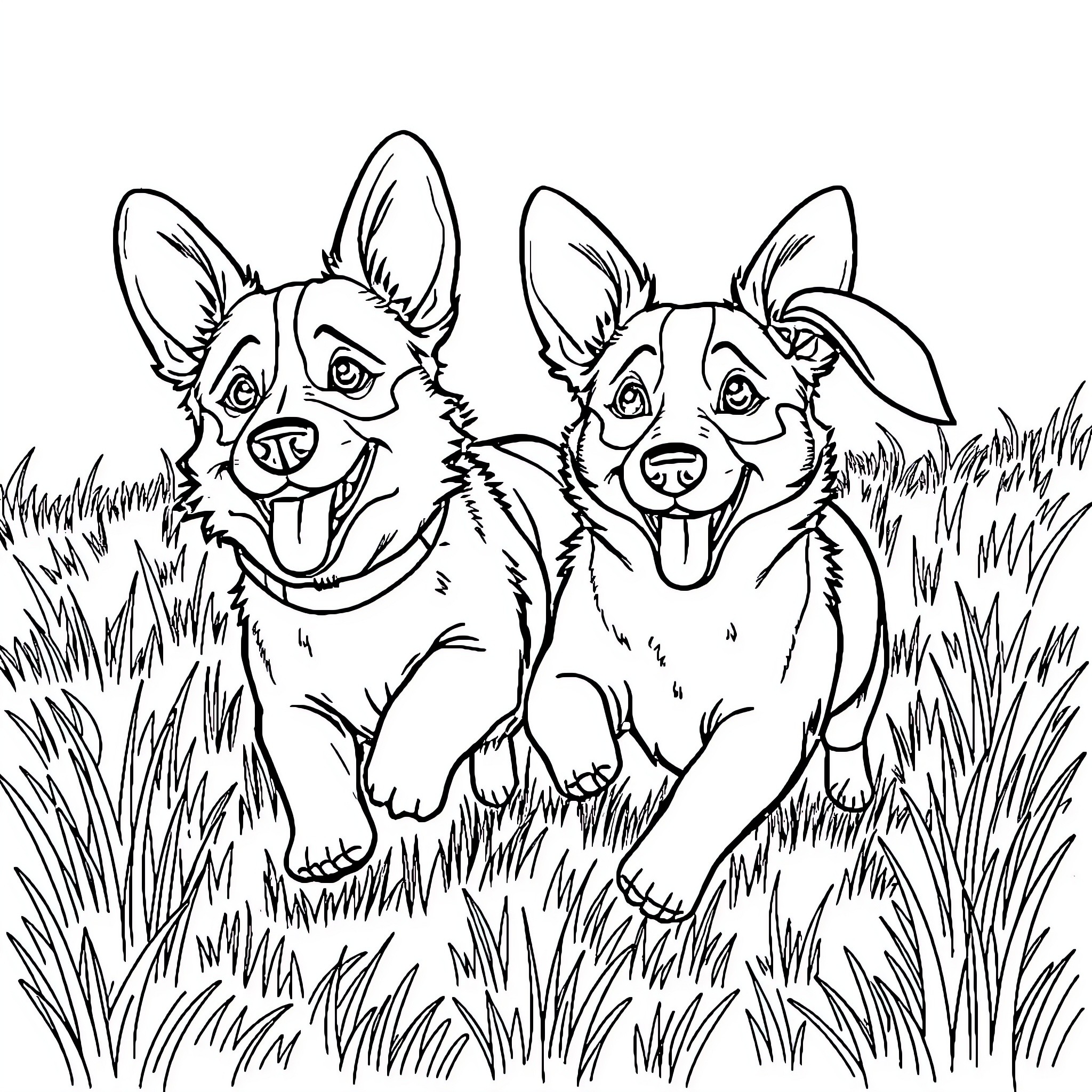 Dogs running joyfully through the grass Coloring Page (free black-and-white line drawing printable PDF for all, from beginners to advanced learners, including children, teens, adults, and seniors)