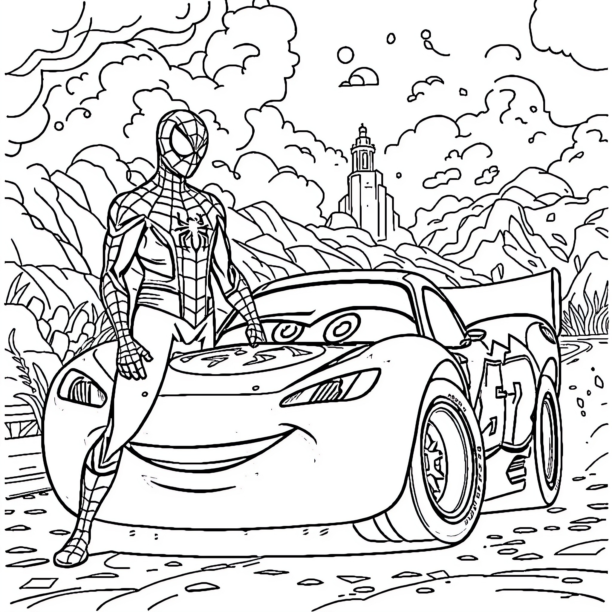 Spider-Man racing through the city with his car Coloring Page (free black-and-white line drawing printable PDF for all, from beginners to advanced learners, including children, teens, adults, and seniors)
