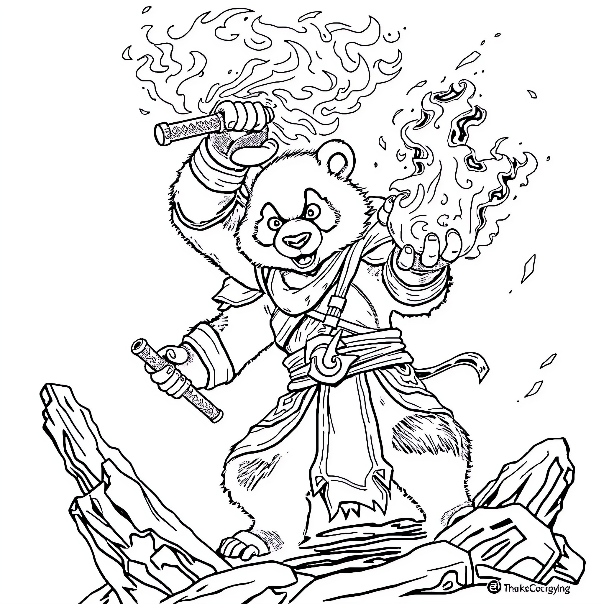 Pandaren warrior wielding fiery weapon in battle Coloring Page (free black-and-white line drawing printable PDF for all, from beginners to advanced learners, including children, teens, adults, and seniors)