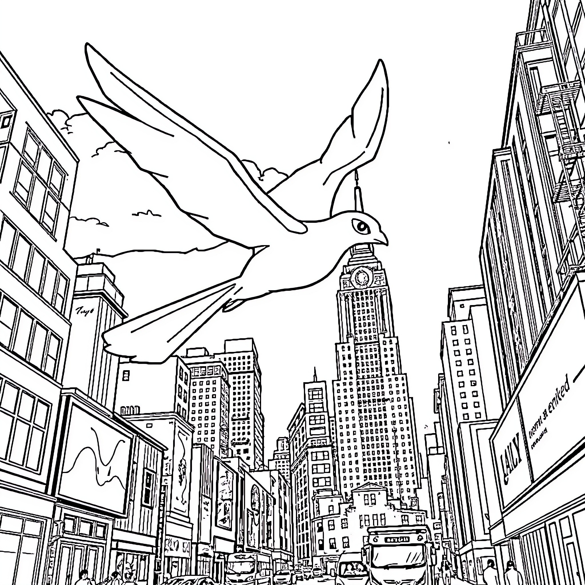 Latias soaring over the bustling city skyline Coloring Page (free black-and-white line drawing printable PDF for all, from beginners to advanced learners, including children, teens, adults, and seniors)