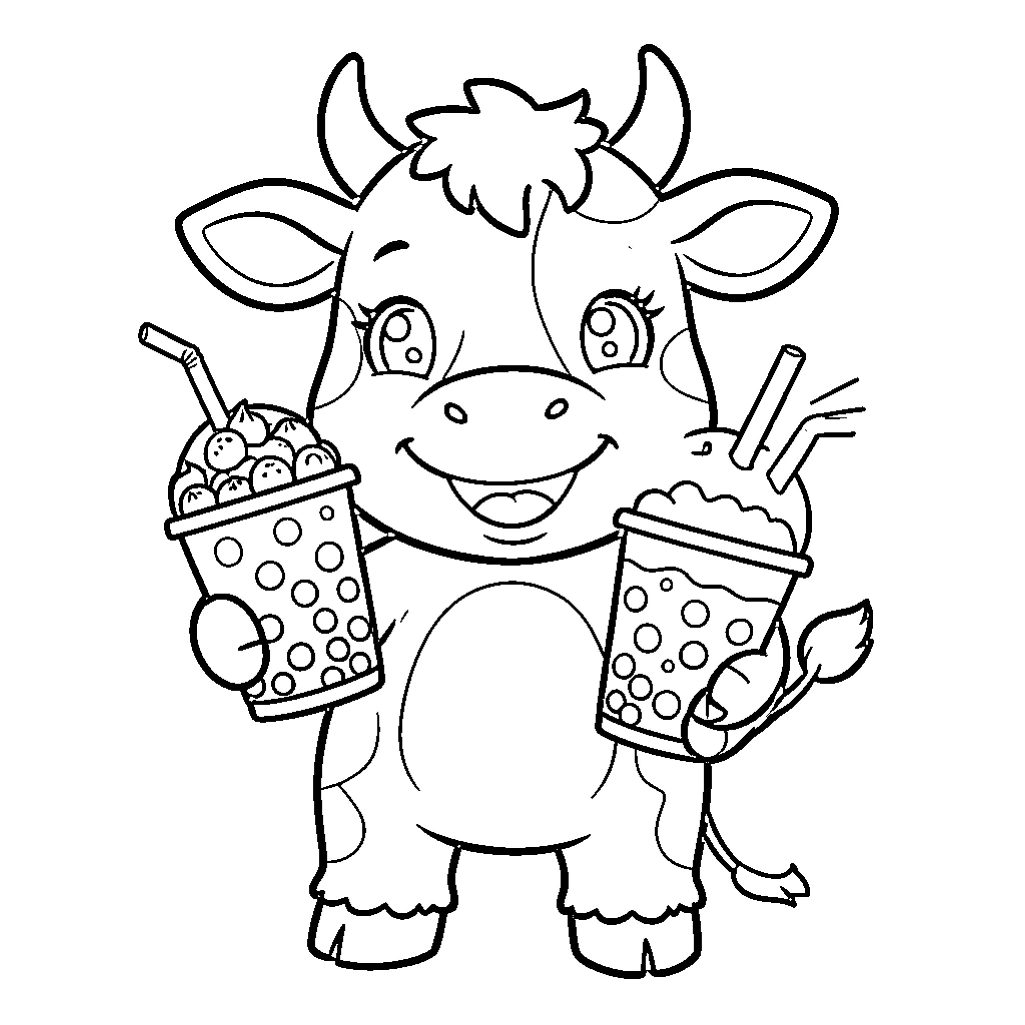 Cow enjoying milkshakes and ice cream Coloring Page (free black-and-white line drawing printable PDF for all, from beginners to advanced learners, including children, teens, adults, and seniors)