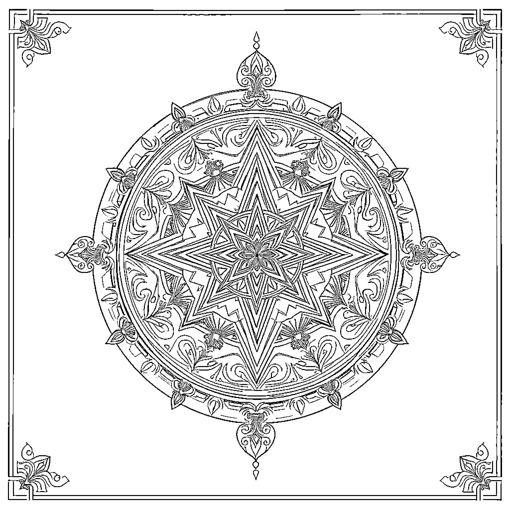 Drawing of a Detailed Ornamental Star Pattern Coloring Page (free black-and-white line drawing printable PDF for all, from beginners to advanced learners, including children, teens, adults, and seniors)
