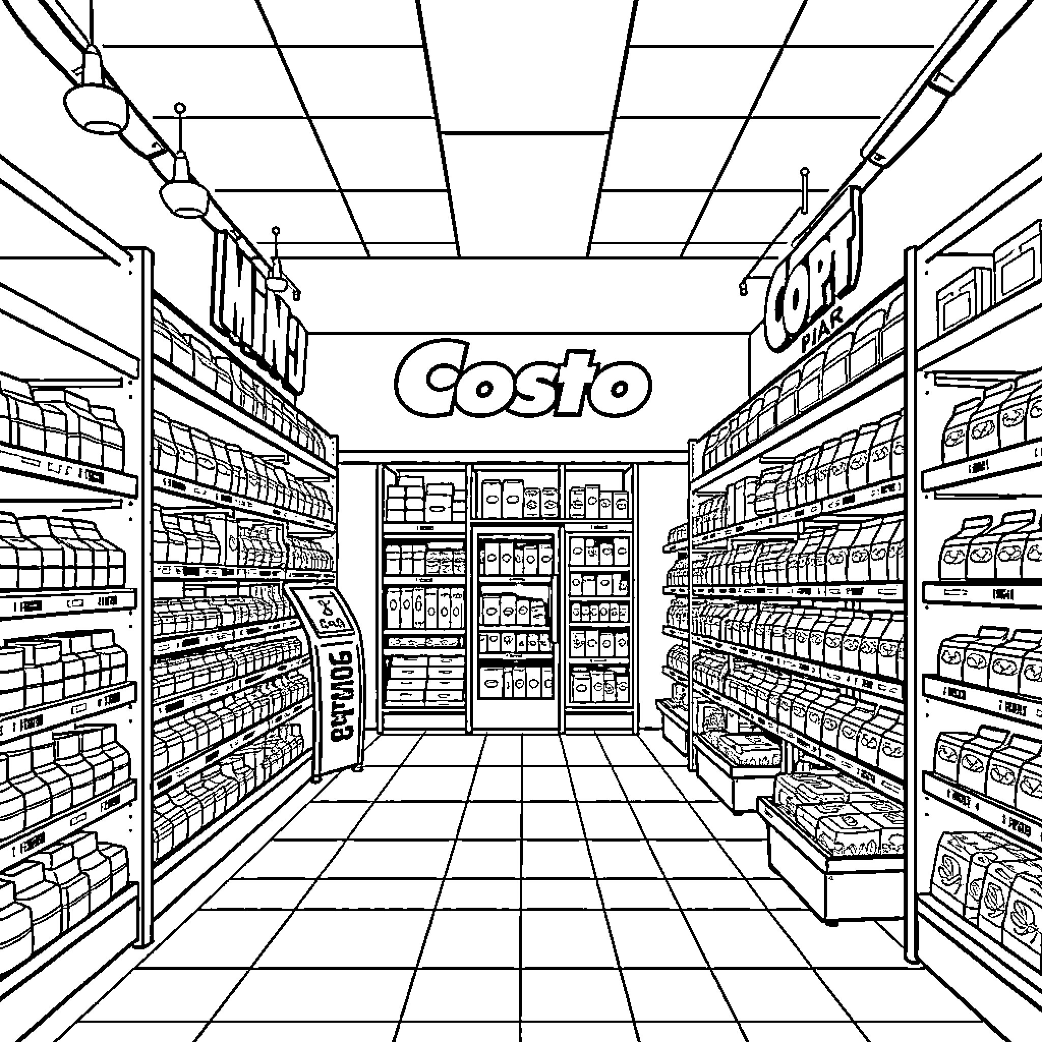 Grocery Store Aisle with Shelves Displaying Various Products Coloring Page (free black-and-white line drawing printable PDF for all, from beginners to advanced learners, including children, teens, adults, and seniors)