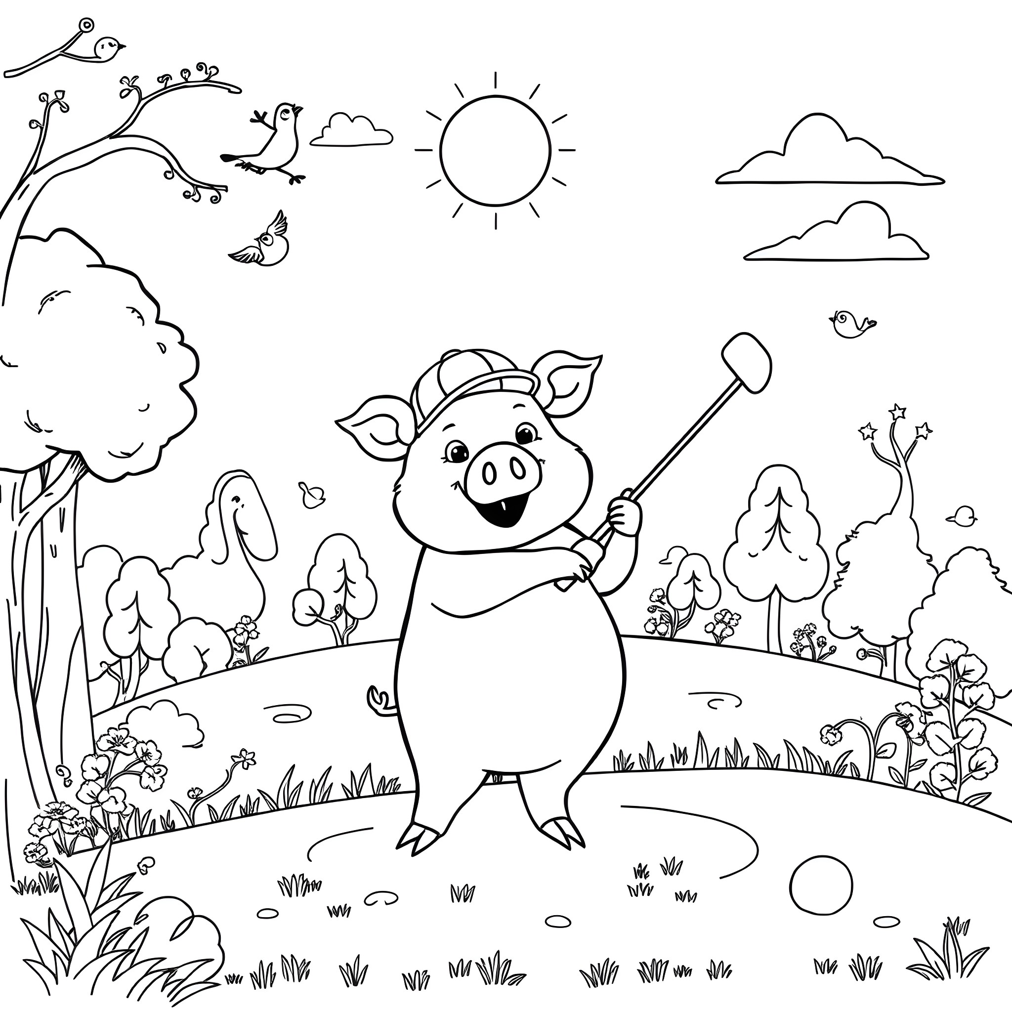 Pig playing happily in the nature Coloring Page (free black-and-white line drawing printable PDF for all, from beginners to advanced learners, including children, teens, adults, and seniors)