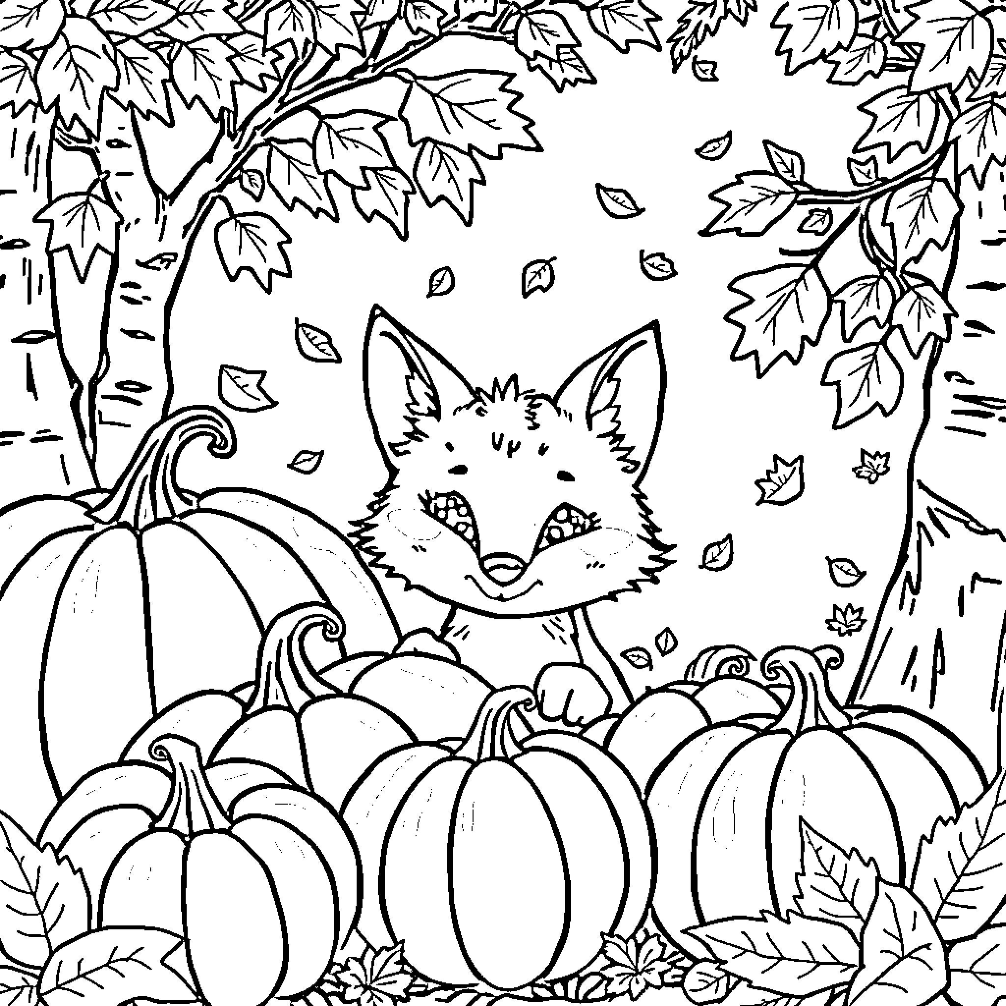 Fox enjoying autumn's harvest among pumpkins Coloring Page (free black-and-white line drawing printable PDF for all, from beginners to advanced learners, including children, teens, adults, and seniors)