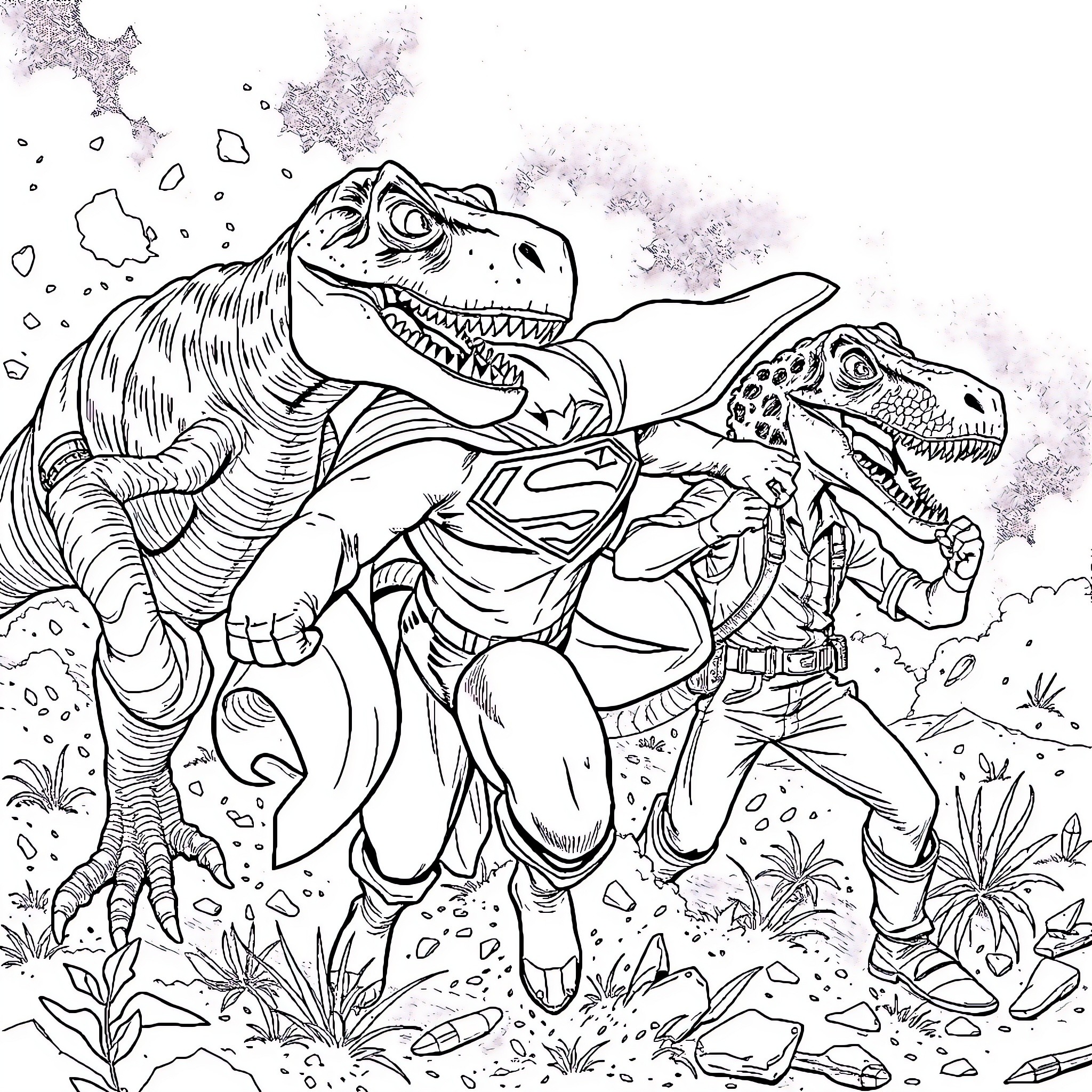 Superman battles fierce dinosaurs in prehistoric landscape Coloring Page (free black-and-white line drawing printable PDF for all, from beginners to advanced learners, including children, teens, adults, and seniors)