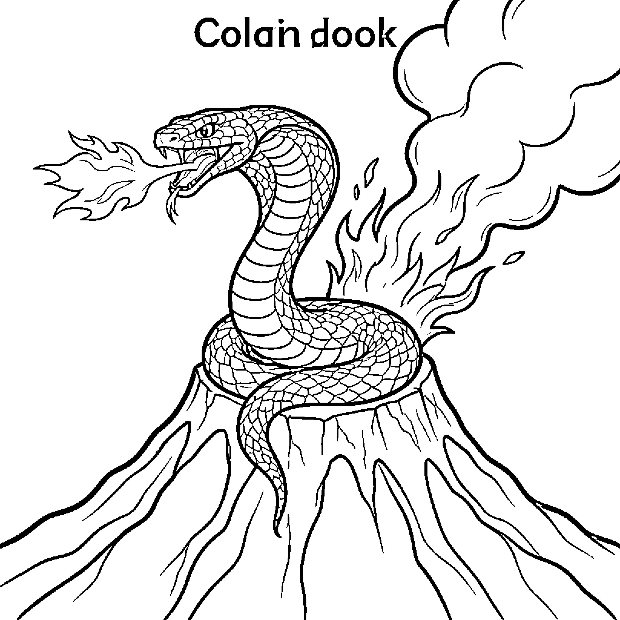 Cobra breathing fire while perched on a volcano Coloring Page (free black-and-white line drawing printable PDF for all, from beginners to advanced learners, including children, teens, adults, and seniors)