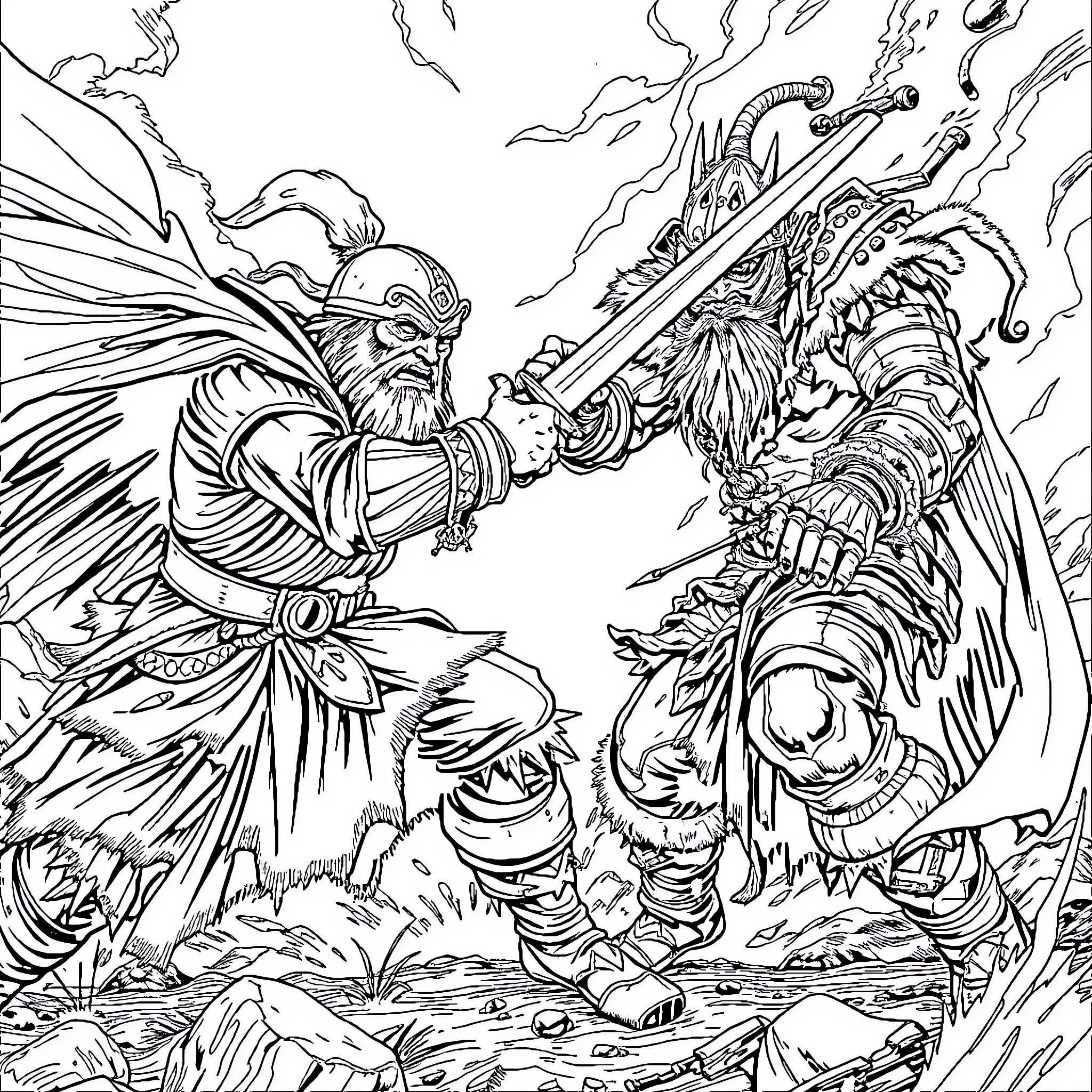 Konrad Curze in Epic Battle Against Fearsome Foe Coloring Page (free black-and-white line drawing printable PDF for all, from beginners to advanced learners, including children, teens, adults, and seniors)