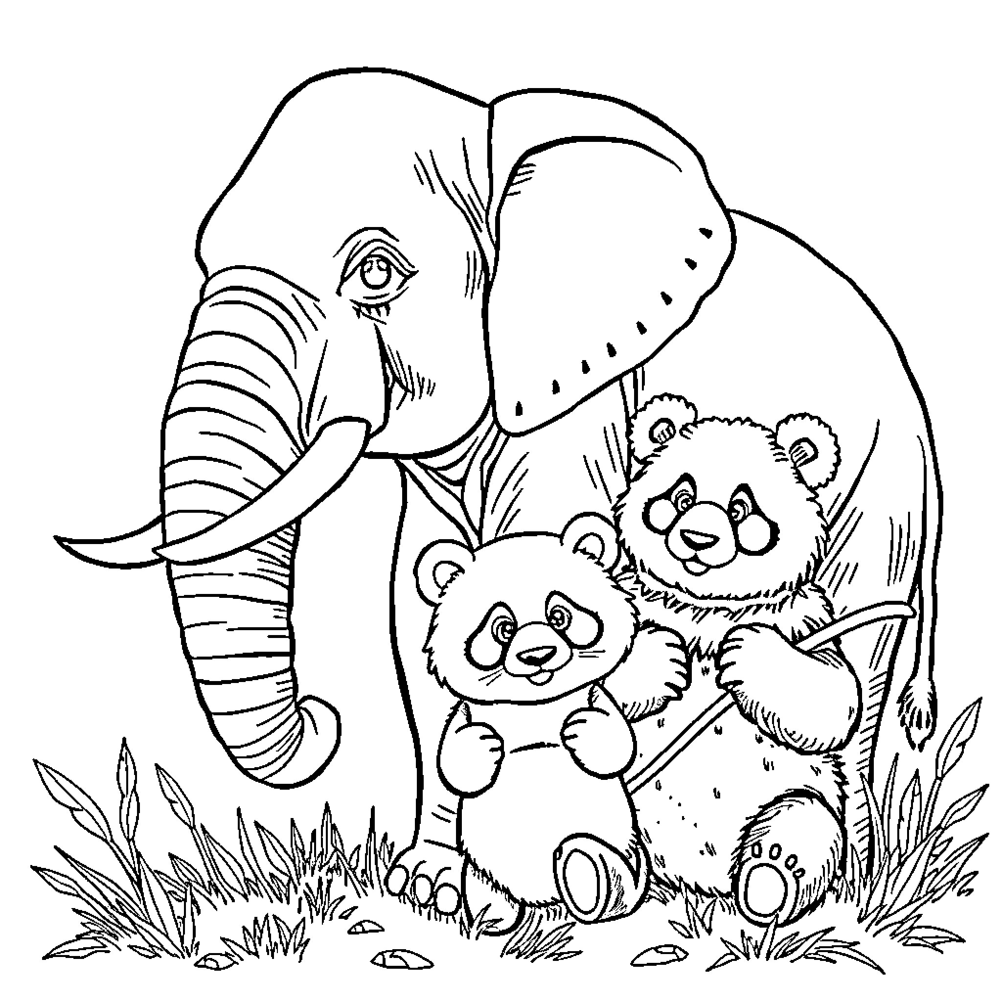 Panda cubs playing with elephant in the wild Coloring Page (free black-and-white line drawing printable PDF for all, from beginners to advanced learners, including children, teens, adults, and seniors)