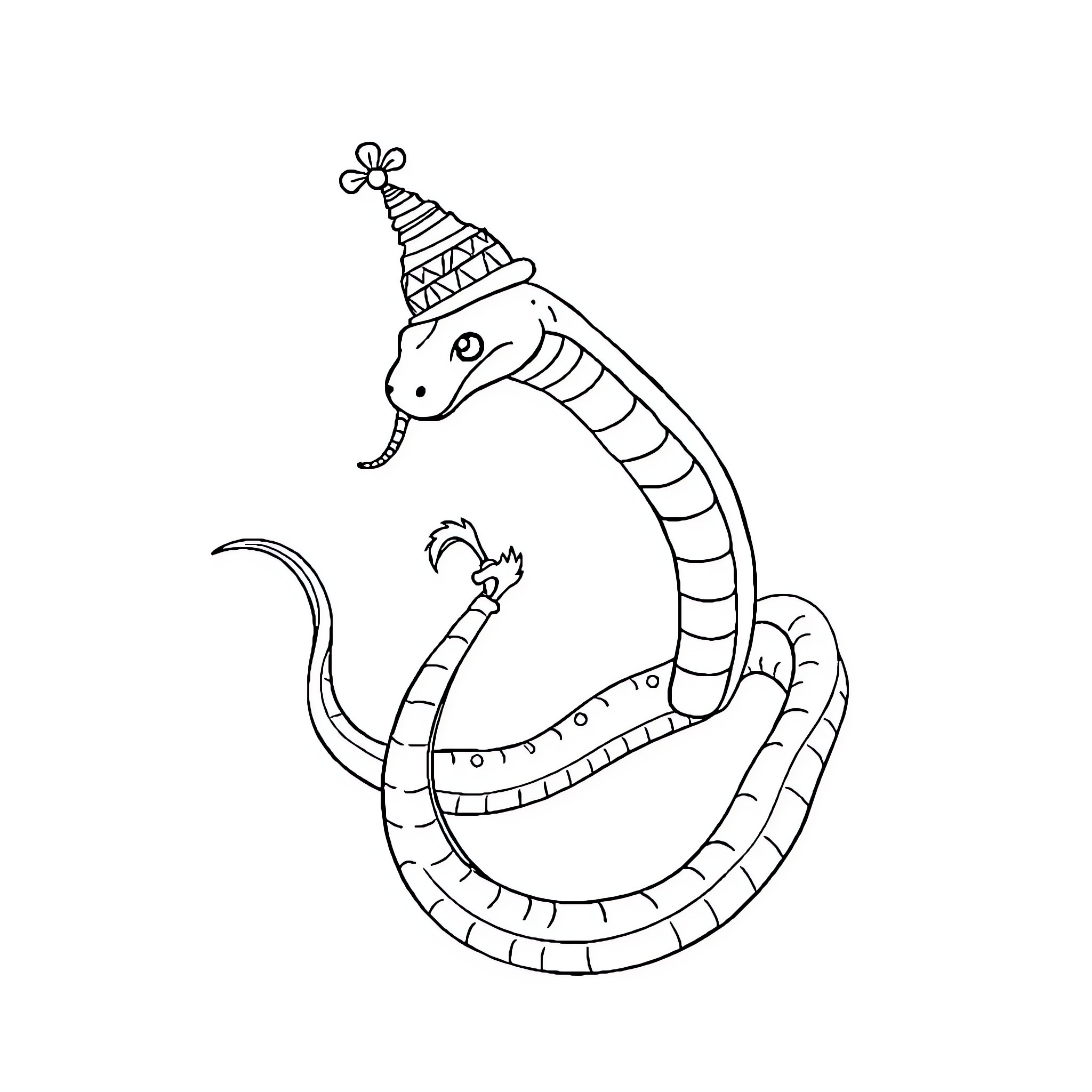 Snake celebrating with party hat Coloring Page (free black-and-white line drawing printable PDF for all, from beginners to advanced learners, including children, teens, adults, and seniors)