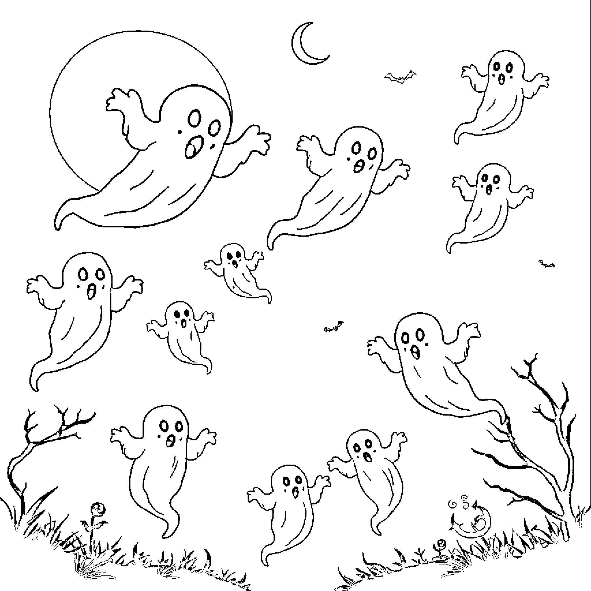 Ghost figures floating in a spooky night scene Coloring Page (free black-and-white line drawing printable PDF for all, from beginners to advanced learners, including children, teens, adults, and seniors)