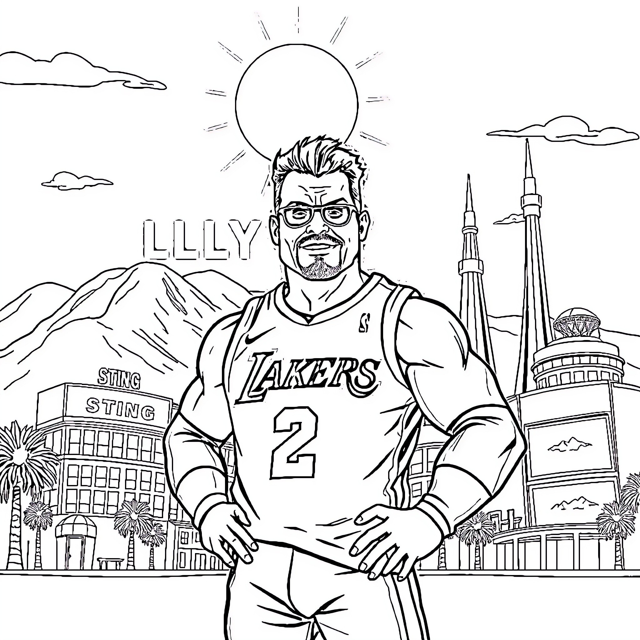 Sting playing basketball in the city Coloring Page (free black-and-white line drawing printable PDF for all, from beginners to advanced learners, including children, teens, adults, and seniors)