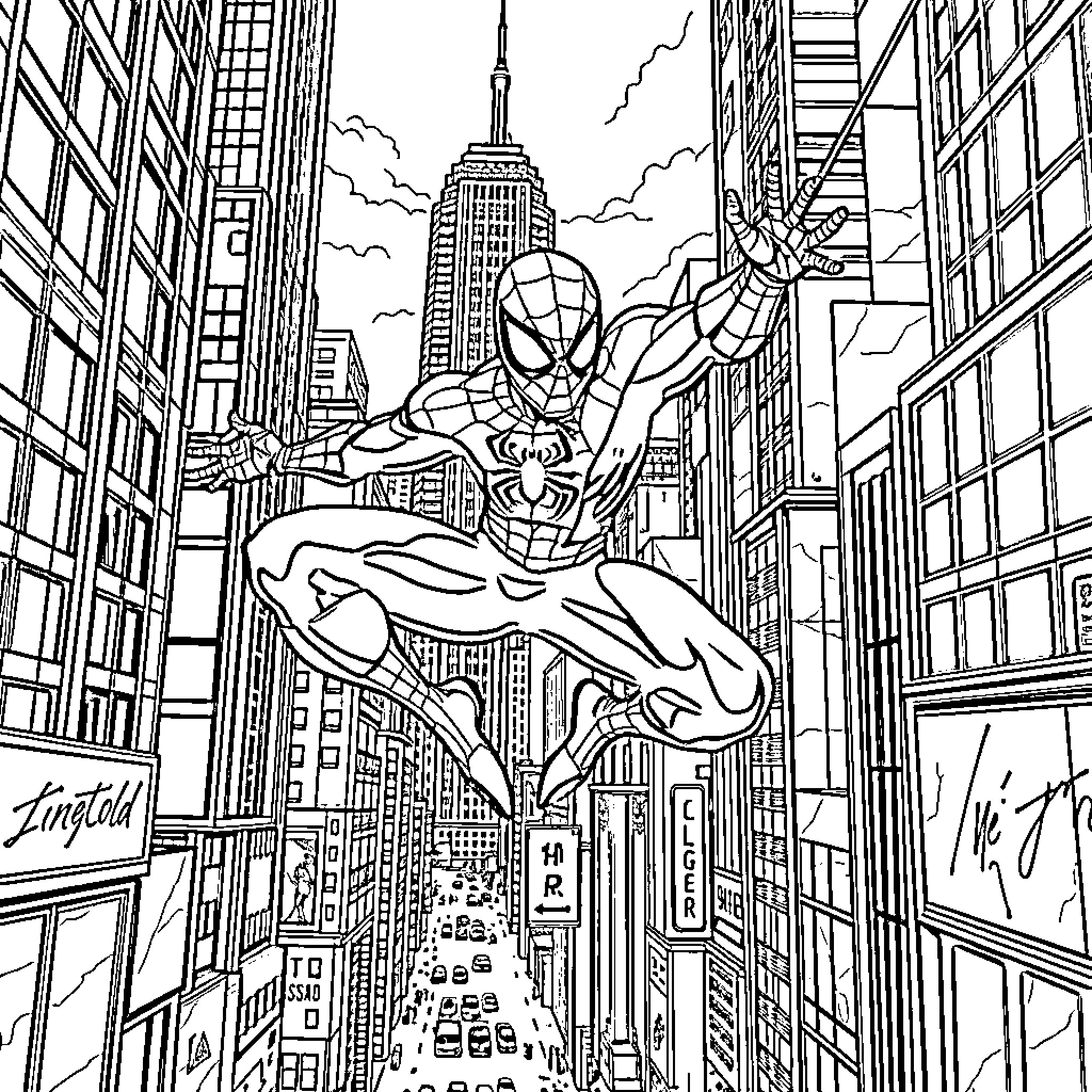 Spiderman Swinging Through the Bustling City Coloring Page (free black-and-white line drawing printable PDF for all, from beginners to advanced learners, including children, teens, adults, and seniors)