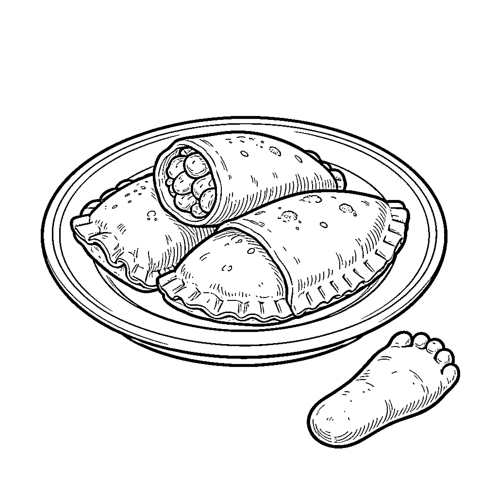 Empanada Delight: A Savory Snack Enjoyed Wholeheartedly Coloring Page (free black-and-white line drawing printable PDF for all, from beginners to advanced learners, including children, teens, adults, and seniors)
