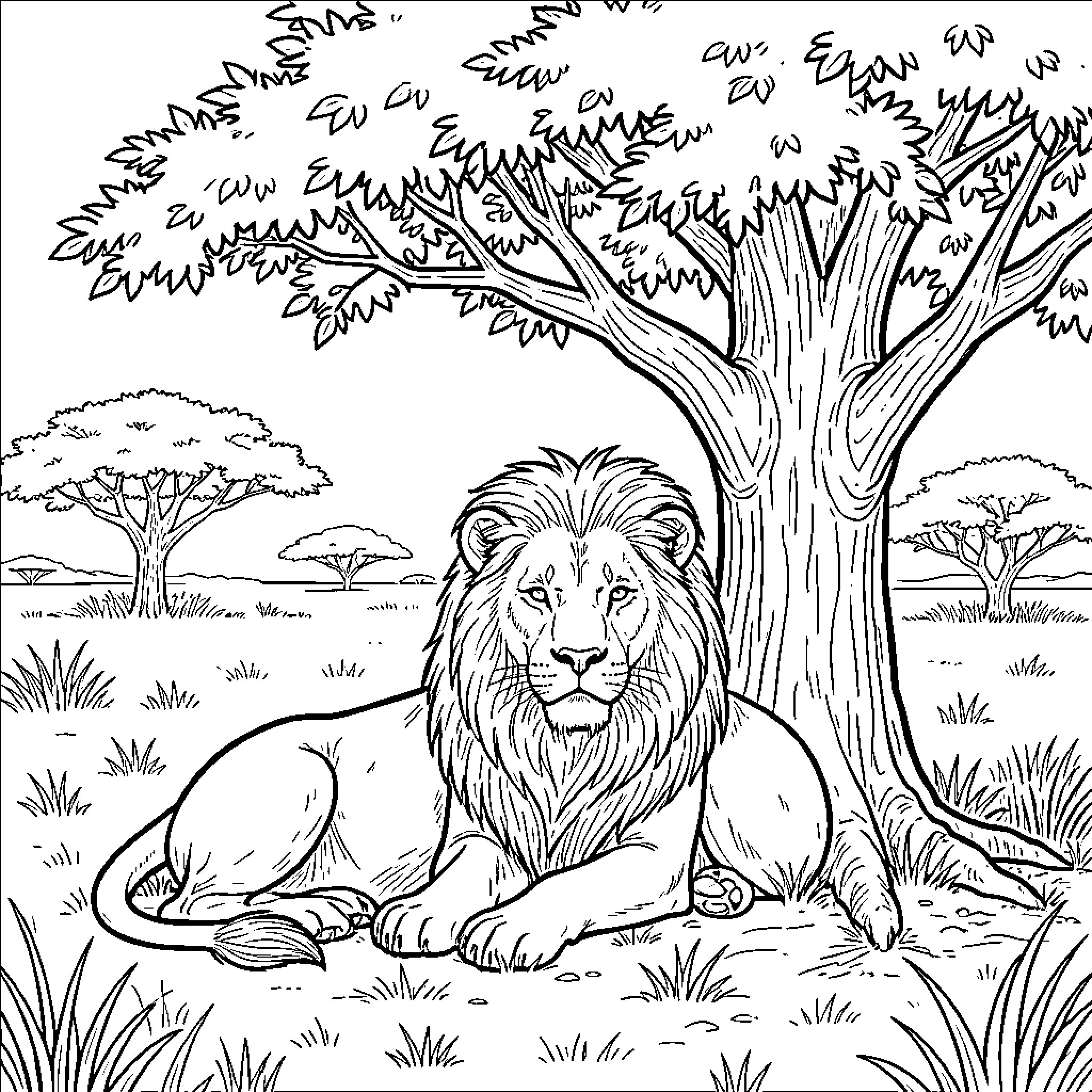 Lion resting in the African savanna Coloring Page (free black-and-white line drawing printable PDF for all, from beginners to advanced learners, including children, teens, adults, and seniors)