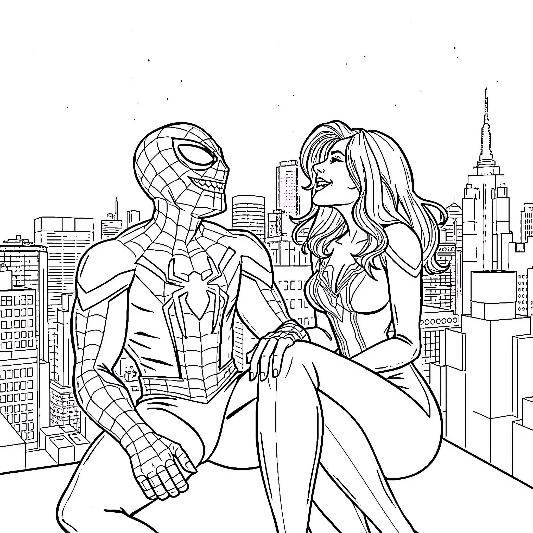 Spiderman interacting with a woman in the city Coloring Page (free black-and-white line drawing printable PDF for all, from beginners to advanced learners, including children, teens, adults, and seniors)