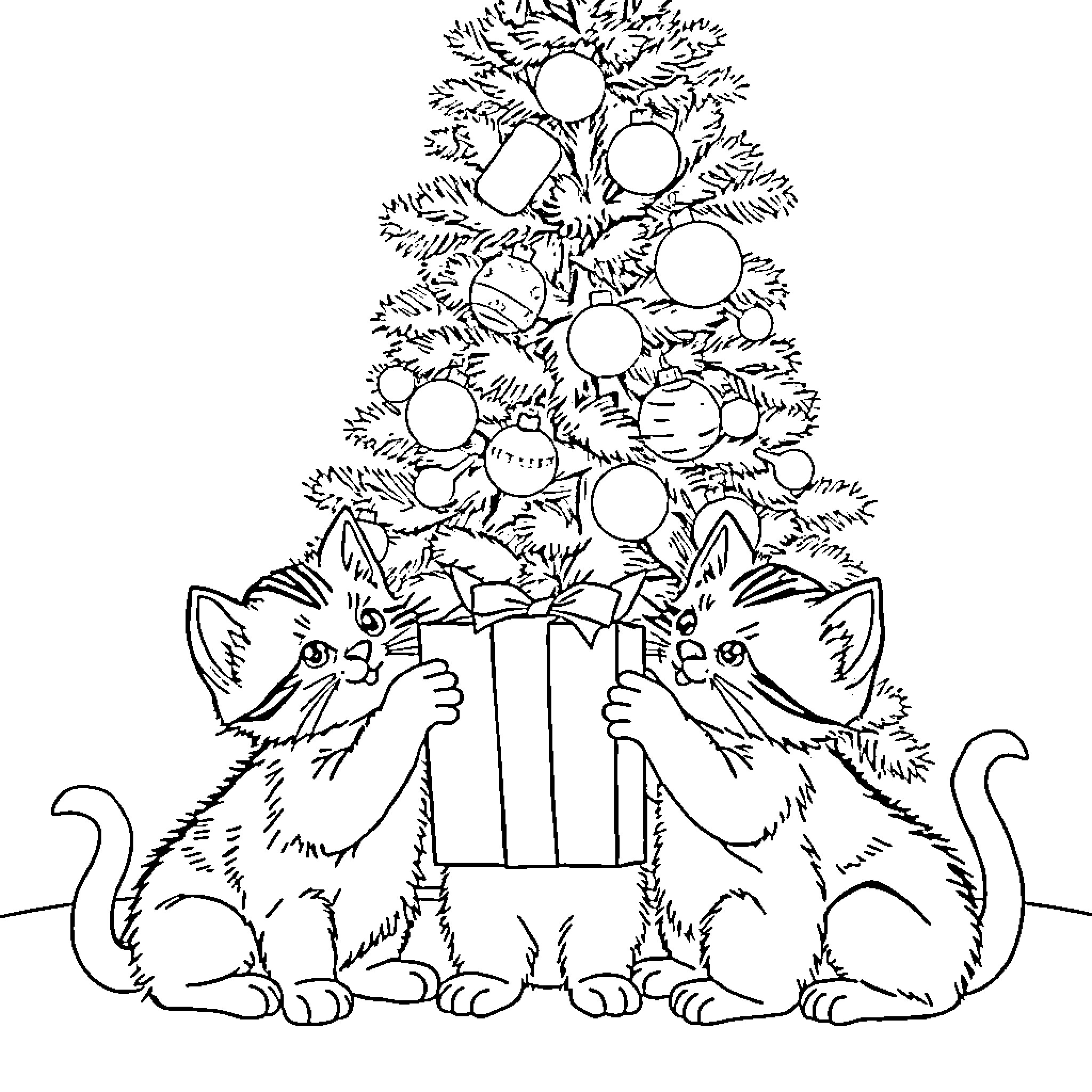 Kittens playing under Christmas tree Coloring Page (free black-and-white line drawing printable PDF for all, from beginners to advanced learners, including children, teens, adults, and seniors)