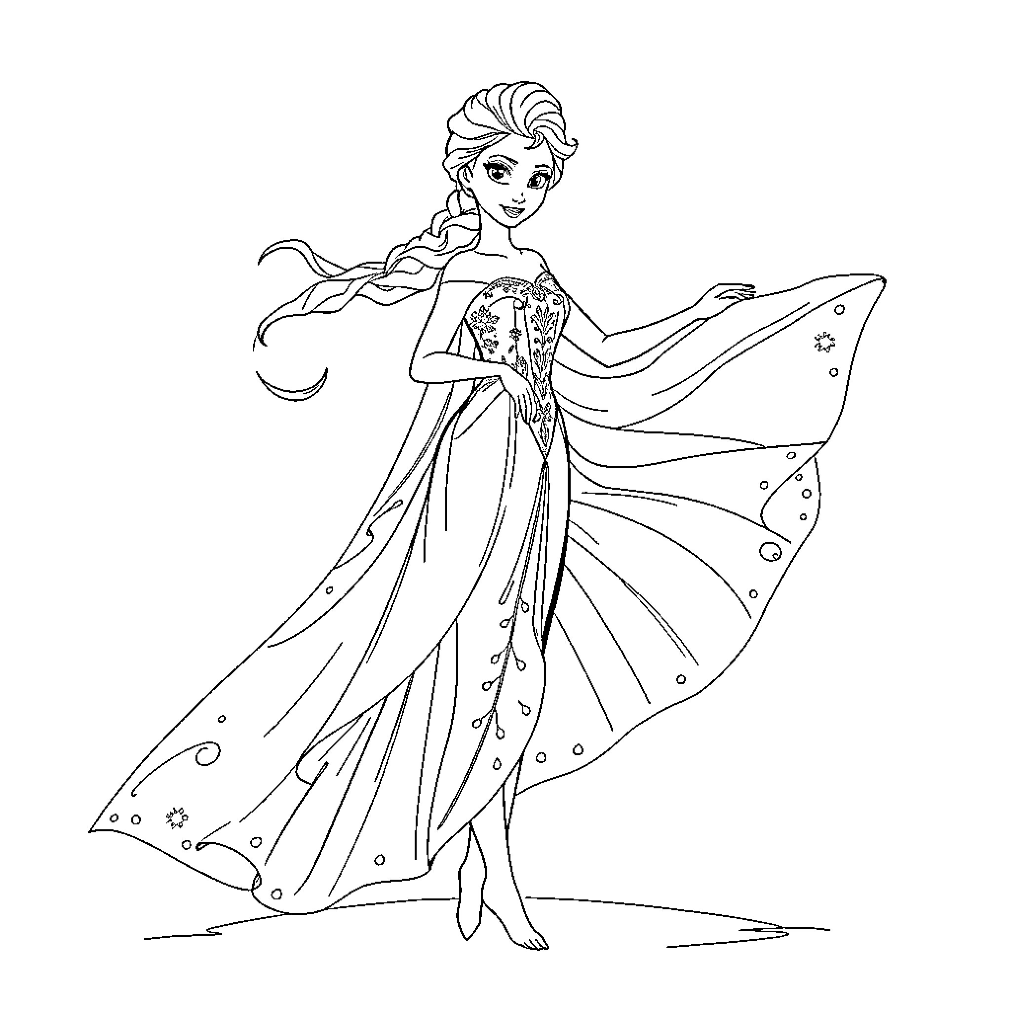 Elsa in her enchanting ice dress Coloring Page (free black-and-white line drawing printable PDF for all, from beginners to advanced learners, including children, teens, adults, and seniors)