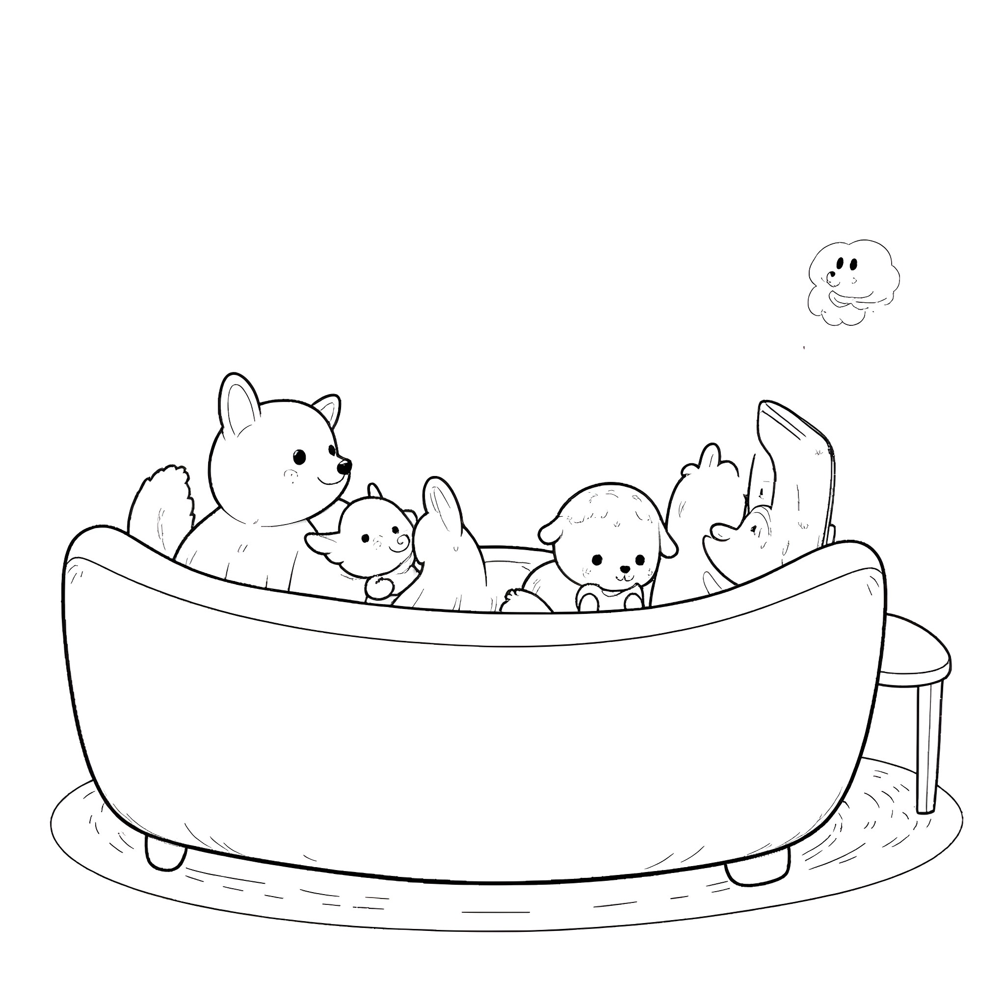 Animal friends taking a bath together Coloring Page (free black-and-white line drawing printable PDF for all, from beginners to advanced learners, including children, teens, adults, and seniors)