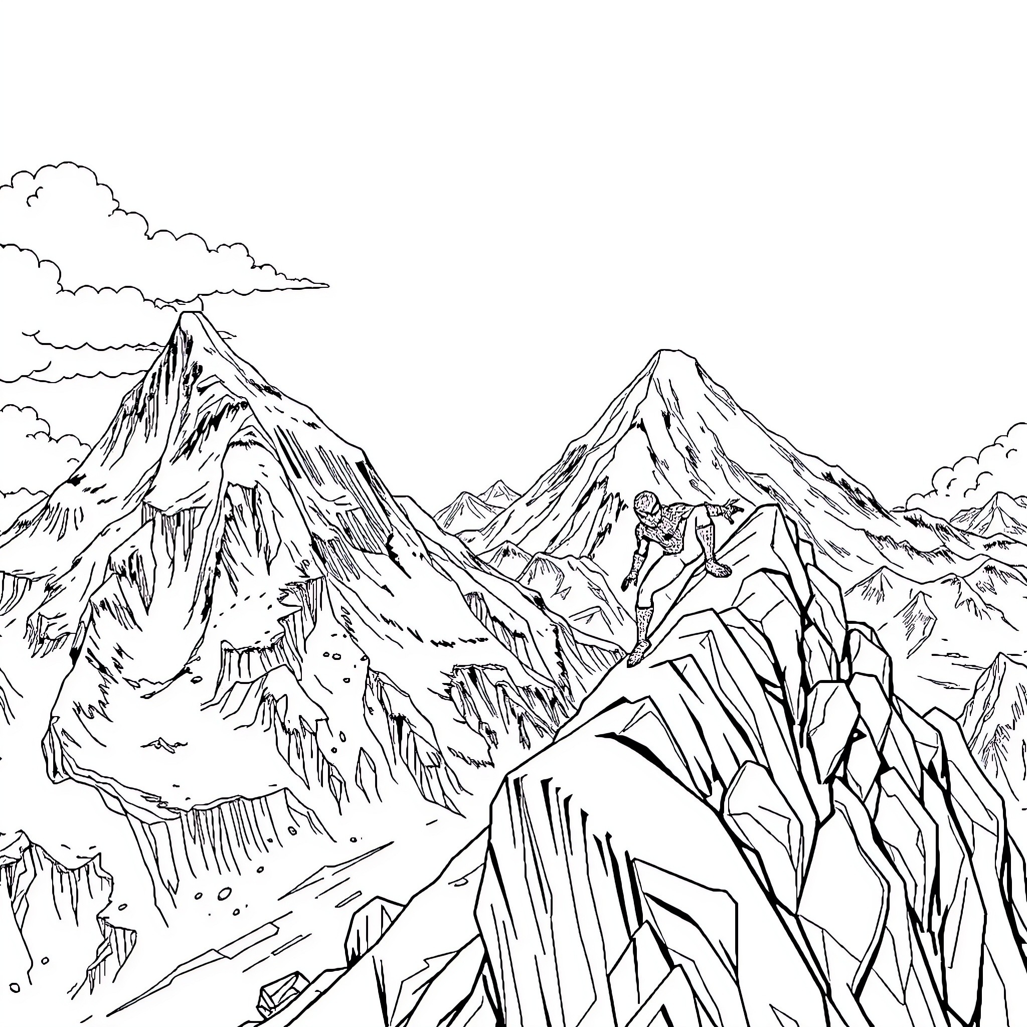 Chota Bheem scaling adventurous mountain peaks Coloring Page (free black-and-white line drawing printable PDF for all, from beginners to advanced learners, including children, teens, adults, and seniors)