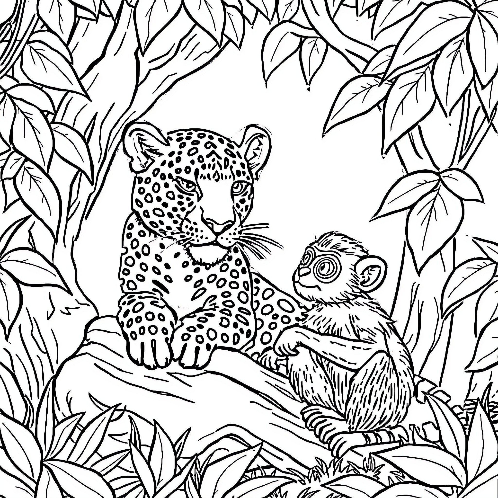 Leopardo y su cría en la jungla Coloring Page (free black-and-white line drawing printable PDF for all, from beginners to advanced learners, including children, teens, adults, and seniors)