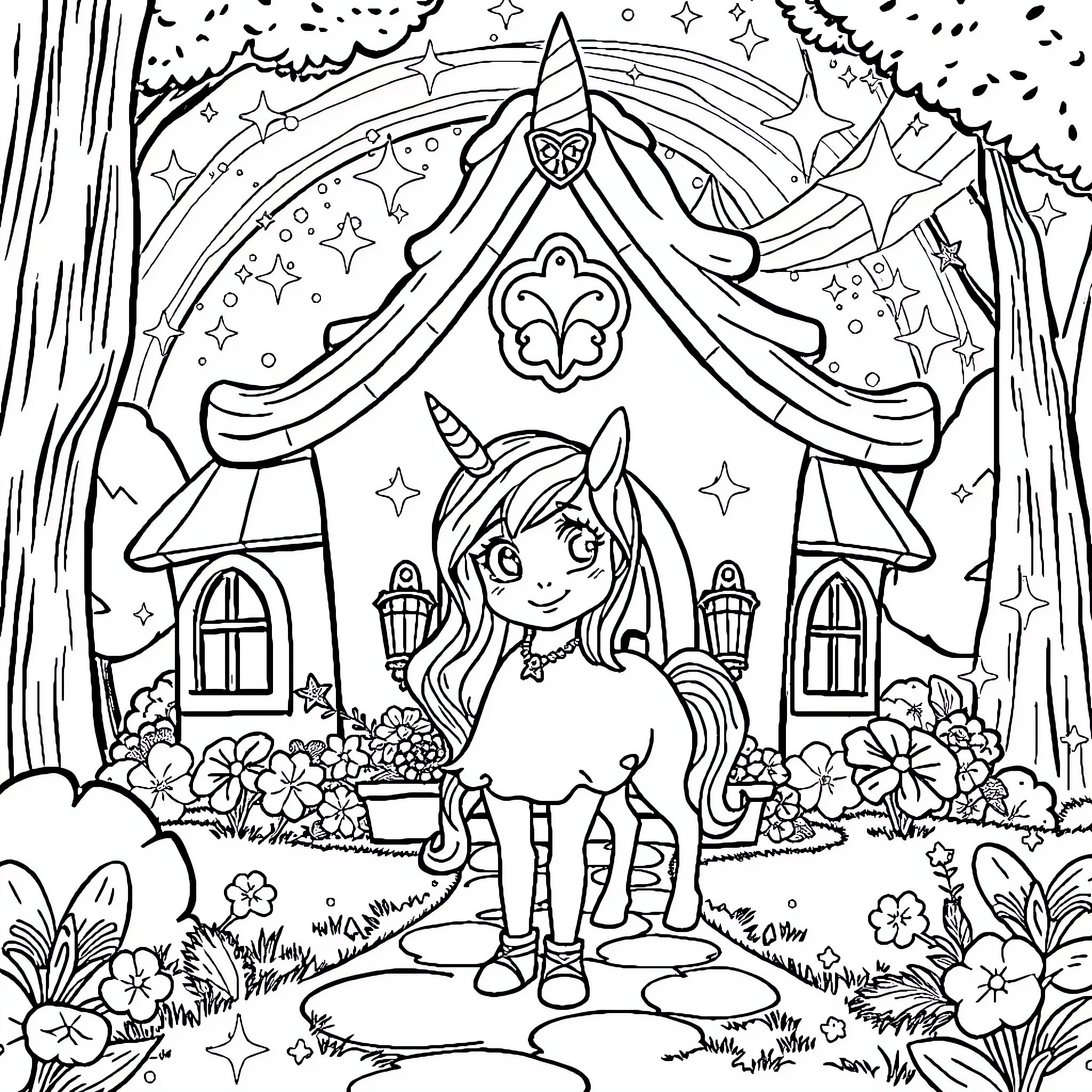 Gabby's Magical Fairy Forest Adventure Coloring Page (free black-and-white line drawing printable PDF for all, from beginners to advanced learners, including children, teens, adults, and seniors)