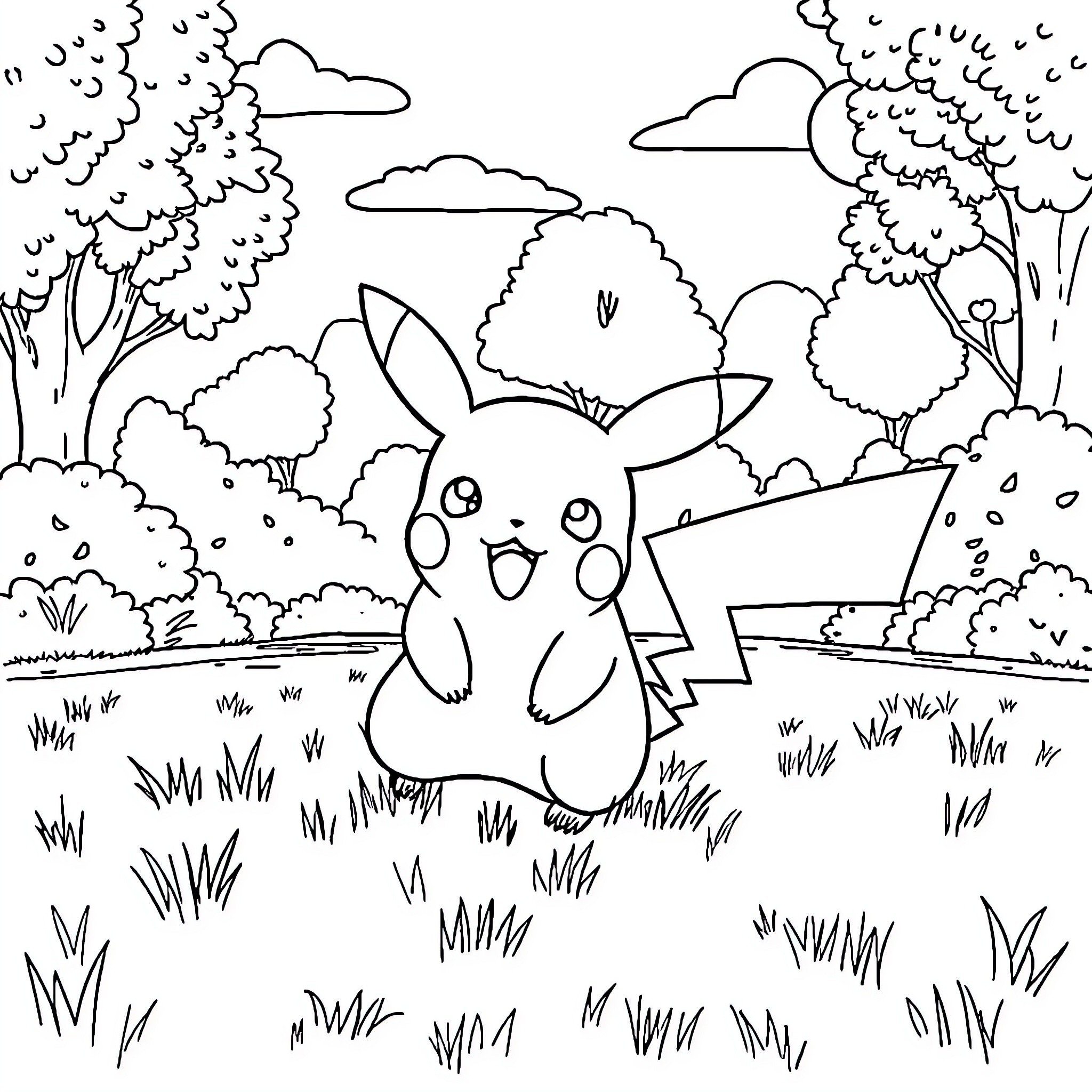 Pikachu exploring the peaceful forest landscape Coloring Page (free black-and-white line drawing printable PDF for all, from beginners to advanced learners, including children, teens, adults, and seniors)