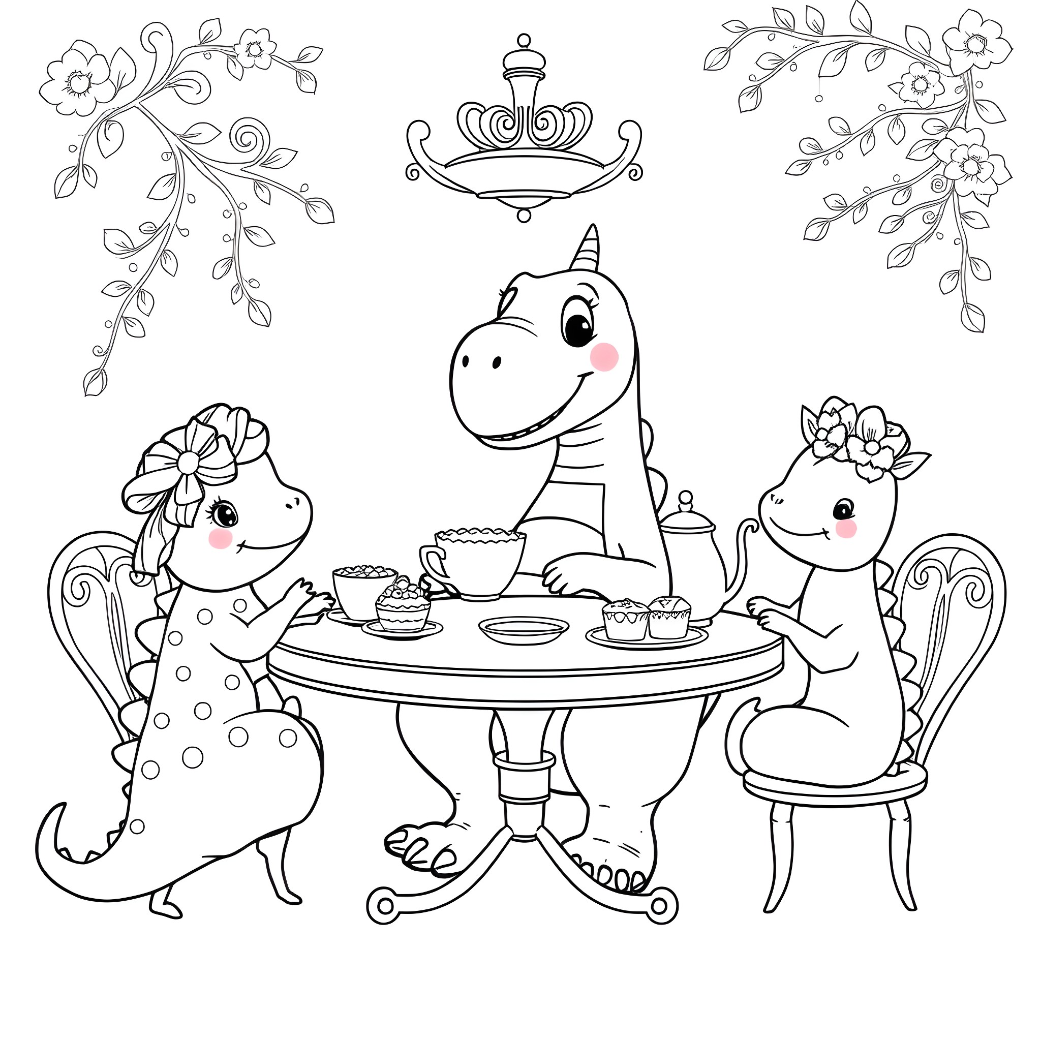 Dinosaurs having a tea party with friends Coloring Page (free black-and-white line drawing printable PDF for all, from beginners to advanced learners, including children, teens, adults, and seniors)