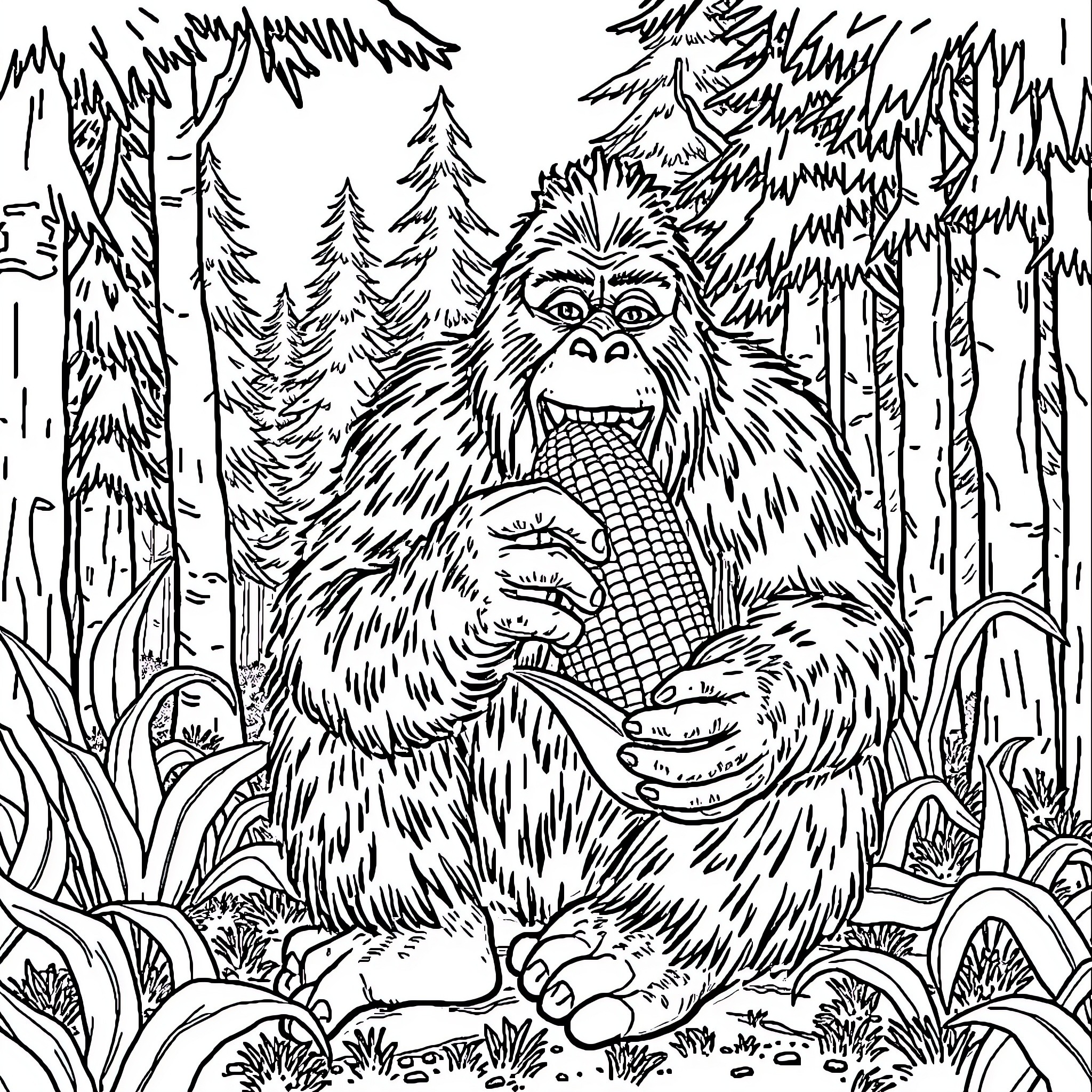 Bigfoot Enjoying a Corn Cob in the Enchanted Forest Coloring Page (free black-and-white line drawing printable PDF for all, from beginners to advanced learners, including children, teens, adults, and seniors)