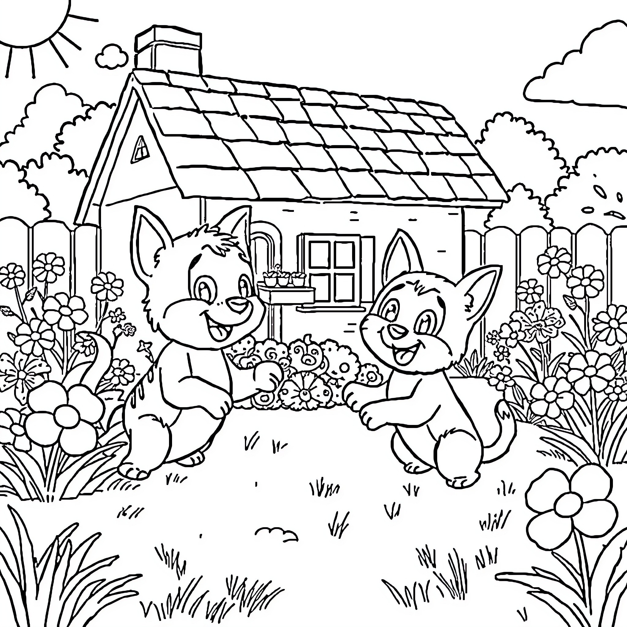 Pettson's Playful Cottage Adventure Coloring Page (free black-and-white line drawing printable PDF for all, from beginners to advanced learners, including children, teens, adults, and seniors)