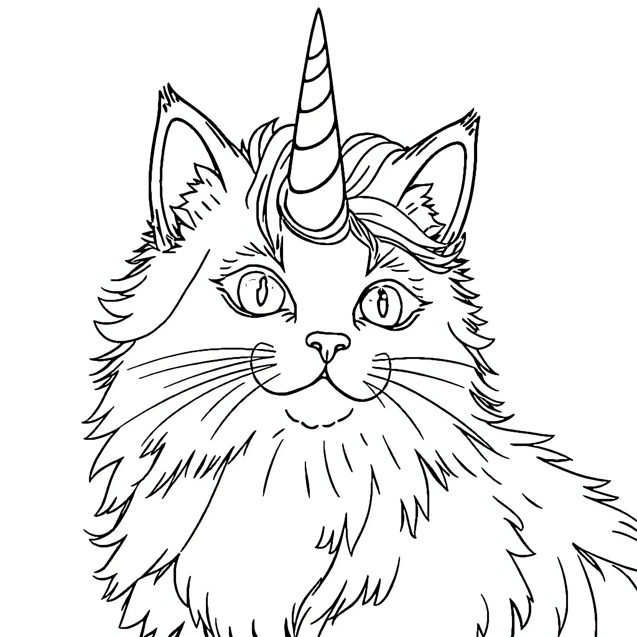 Unicorn Kitty with Magical Unicorn Horn Coloring Page (free black-and-white line drawing printable PDF for all, from beginners to advanced learners, including children, teens, adults, and seniors)