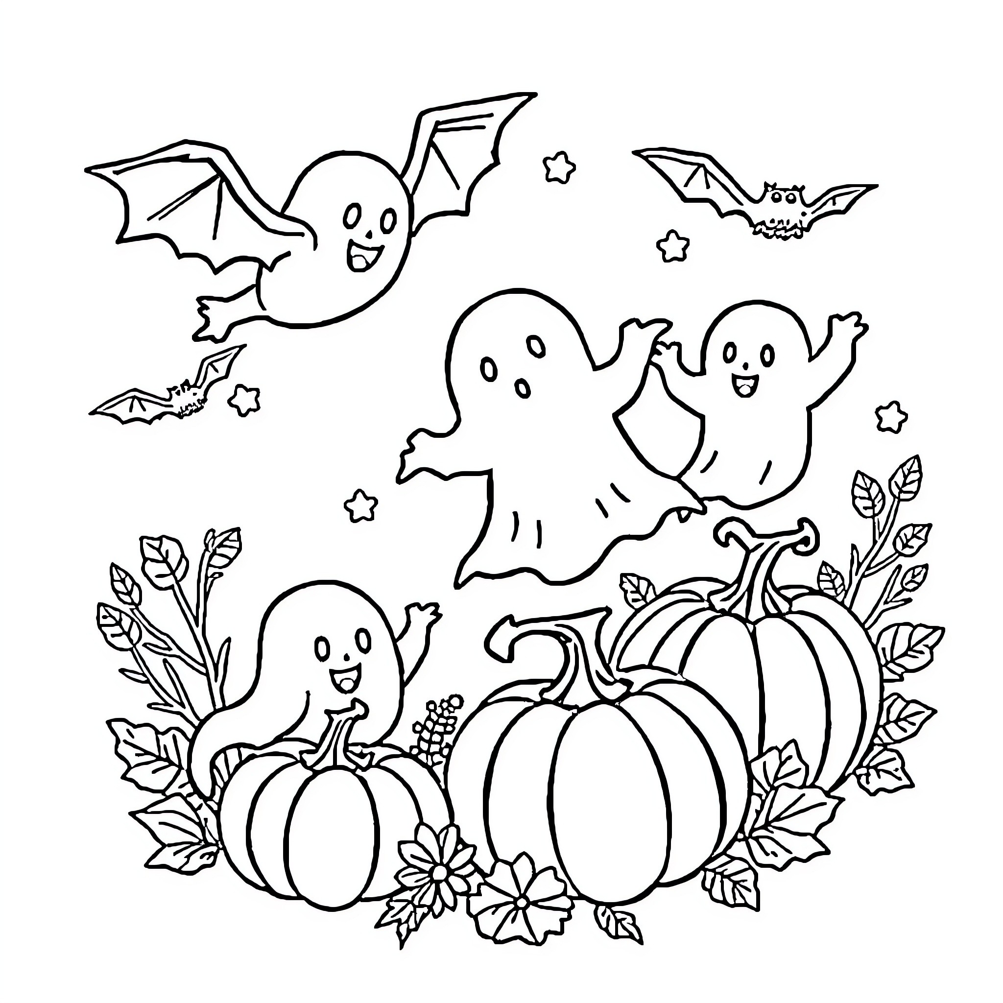 Bat-shaped ghosts and pumpkins in autumn scene Coloring Page (free black-and-white line drawing printable PDF for all, from beginners to advanced learners, including children, teens, adults, and seniors)