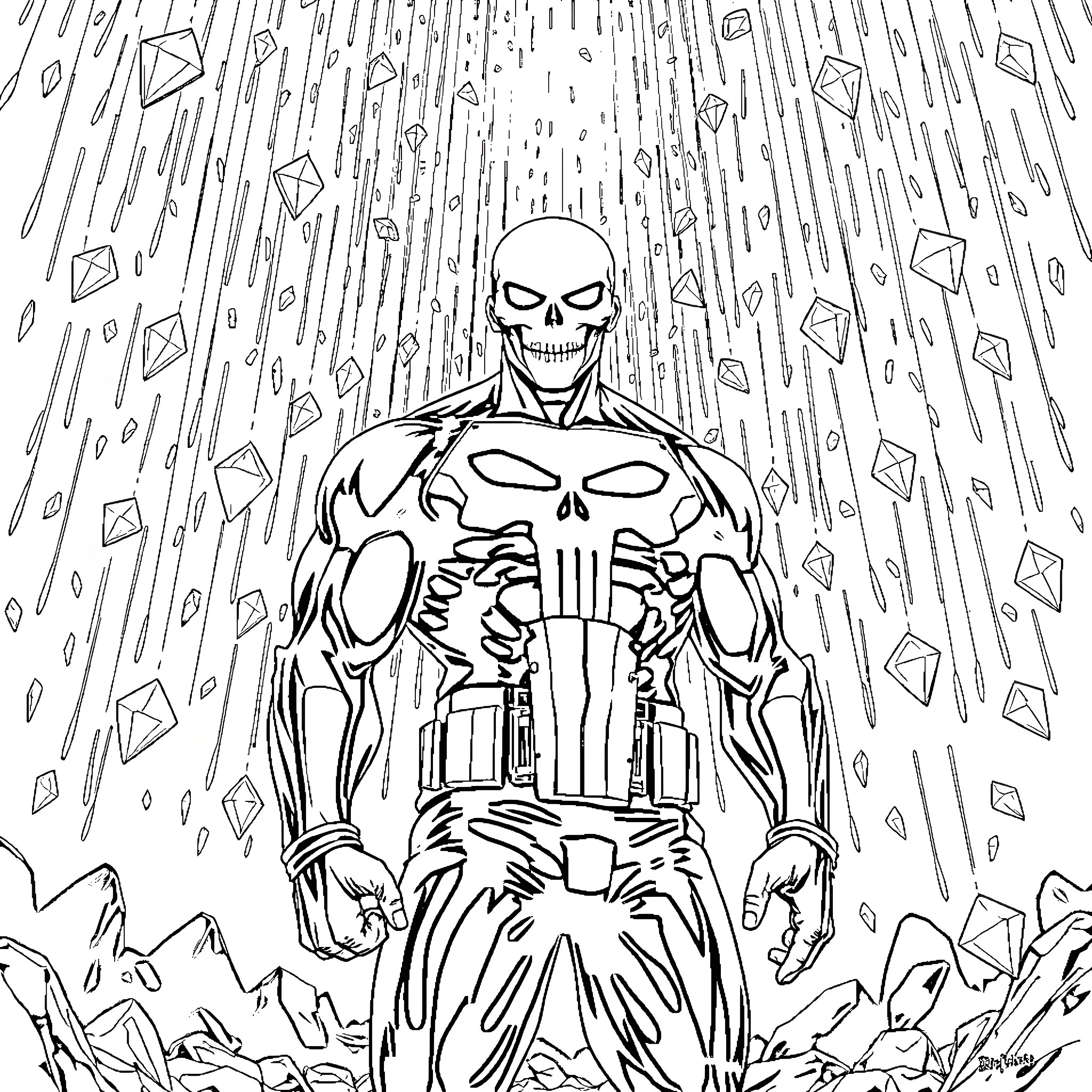 Punisher Unleashing Vengeance in Destructive Aftermath Coloring Page (free black-and-white line drawing printable PDF for all, from beginners to advanced learners, including children, teens, adults, and seniors)