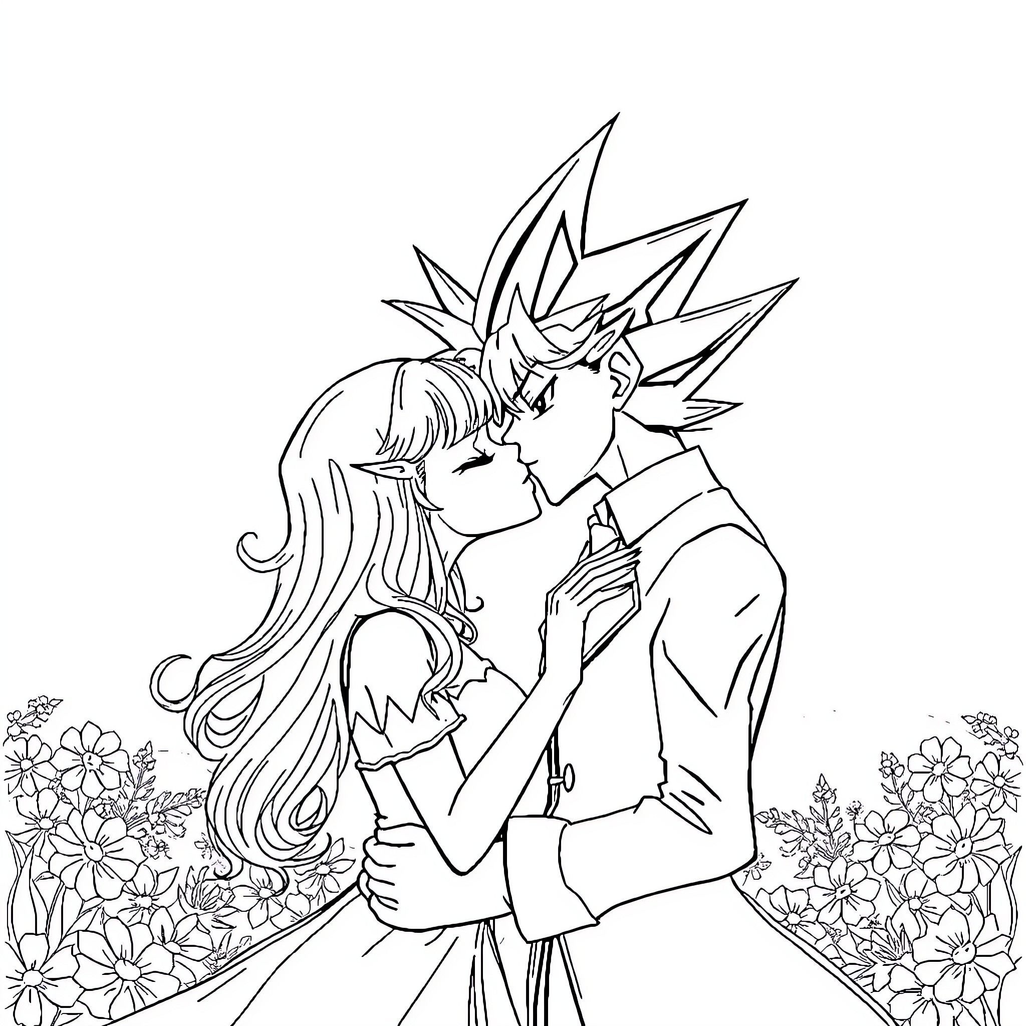Yugi and Maiden Sharing Intimate Moment Coloring Page (free black-and-white line drawing printable PDF for all, from beginners to advanced learners, including children, teens, adults, and seniors)