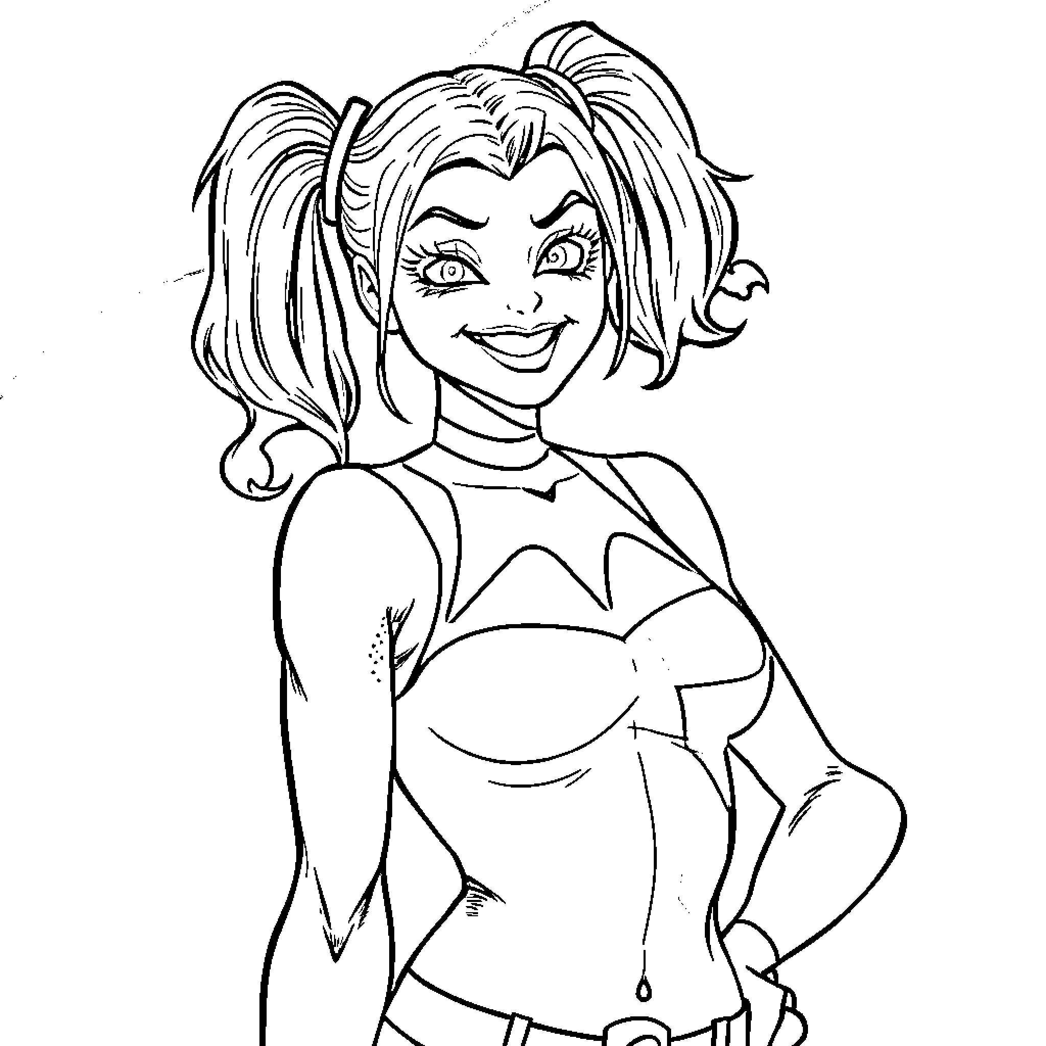 Harley Quinn in a playful and expressive pose Coloring Page (free black-and-white line drawing printable PDF for all, from beginners to advanced learners, including children, teens, adults, and seniors)