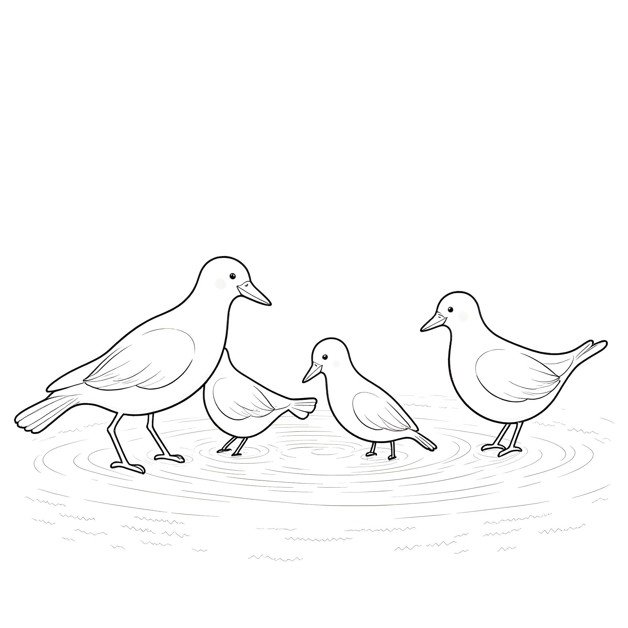 Birds walking in the water Coloring Page (free black-and-white line drawing printable PDF for all, from beginners to advanced learners, including children, teens, adults, and seniors)