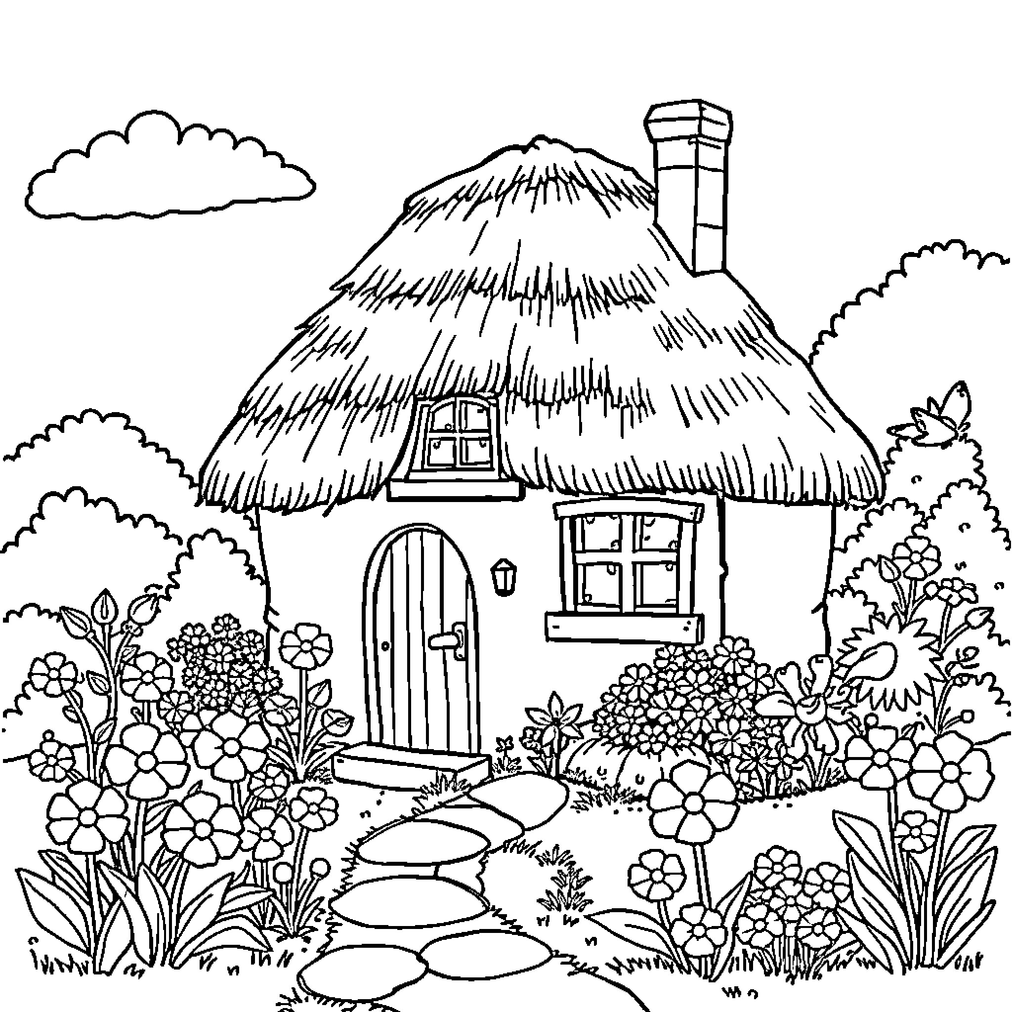 Cottage in a Lush Garden with Flowers Coloring Page (free black-and-white line drawing printable PDF for all, from beginners to advanced learners, including children, teens, adults, and seniors)